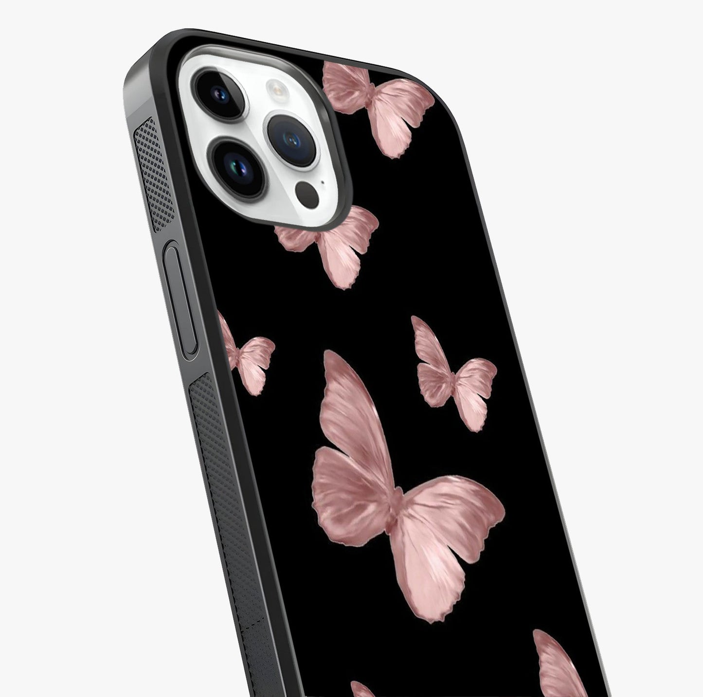 Butterfly Pattern Glass Case captured at a warm angle highlighting gloss, texture and premium glass finish.