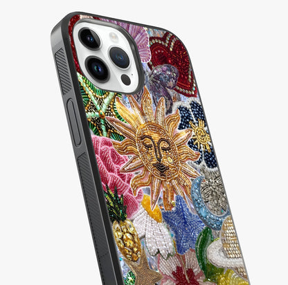 Celestial Floral And Playful Glass Case captured at a warm angle highlighting gloss, texture and premium glass finish.