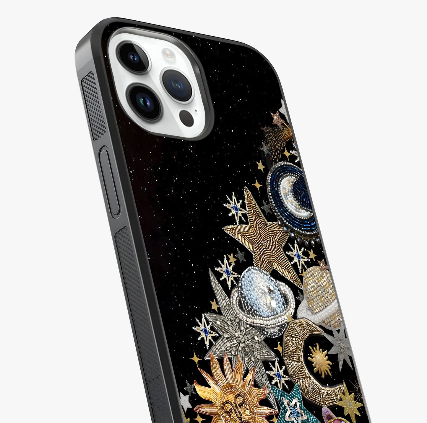 Cosmic Sparkle Dreams Glass Case captured at a warm angle highlighting gloss, texture and premium glass finish.