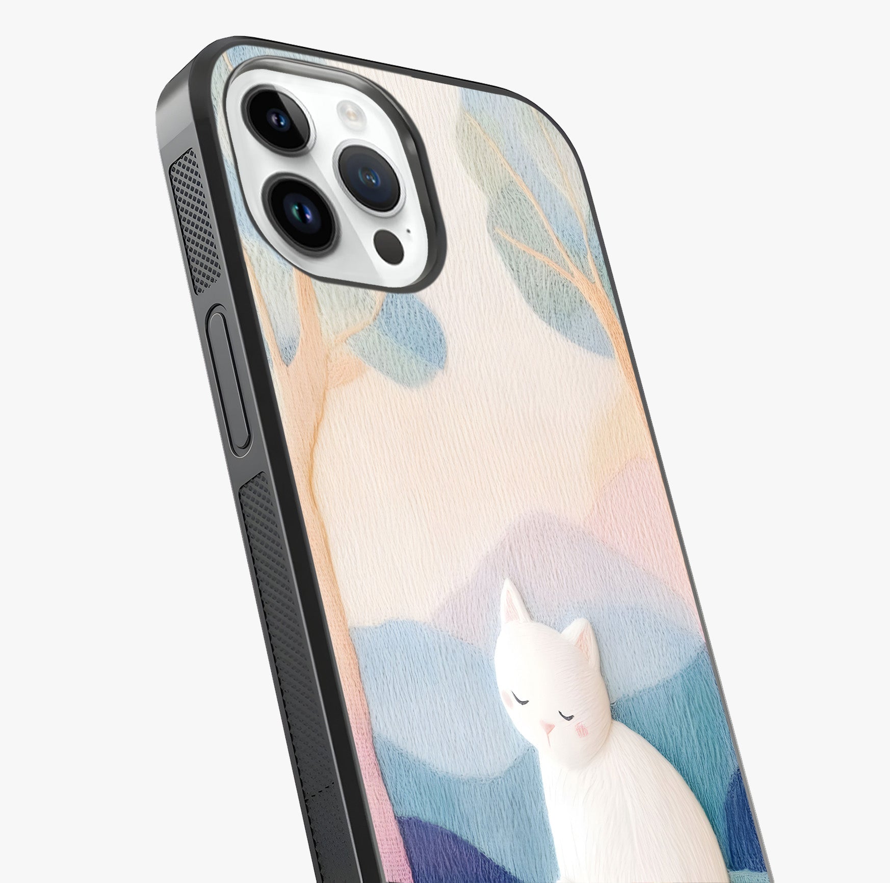 Cotton Dream Cat Glass Case captured at a warm angle highlighting gloss, texture and premium glass finish.
