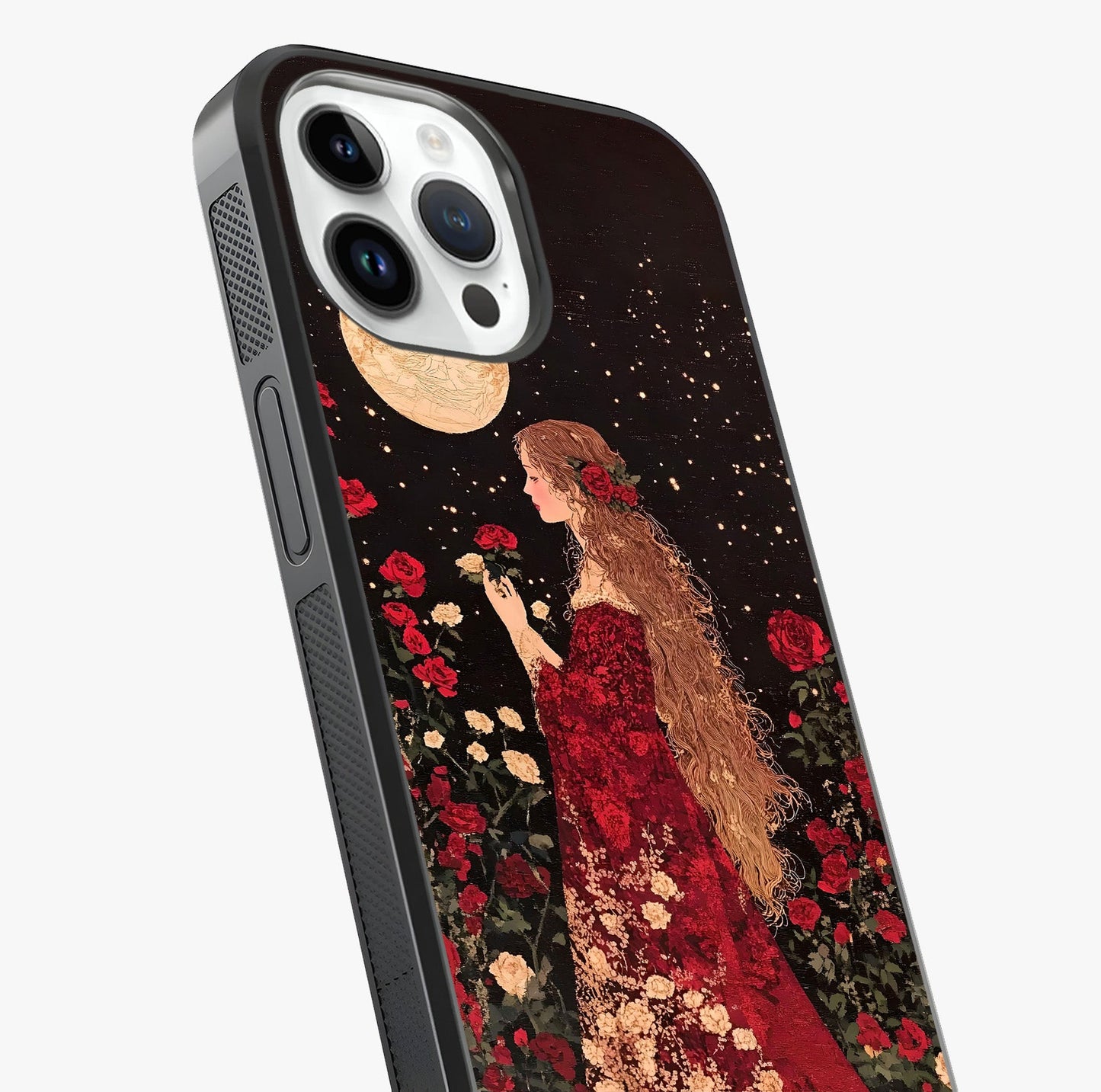 Crimson Dreams Glass Case captured at a warm angle highlighting gloss, texture and premium glass finish.