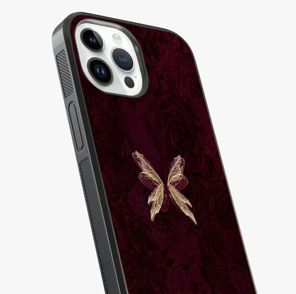 Crimson Fade Butterfly Glass Case captured at a warm angle highlighting gloss, texture and premium glass finish.