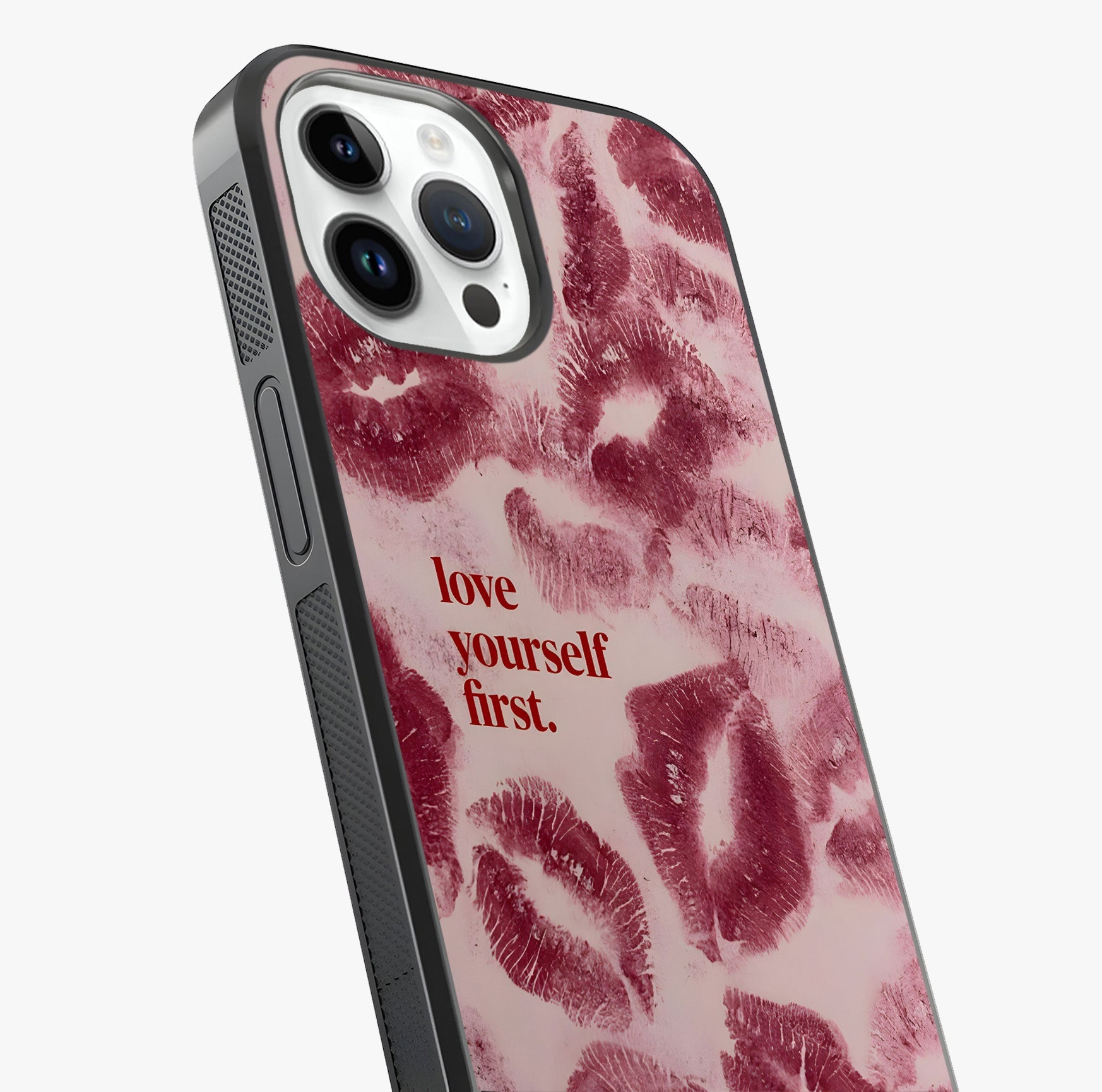 Crimson Kiss Love Glass Case captured at a warm angle highlighting gloss, texture and premium glass finish.