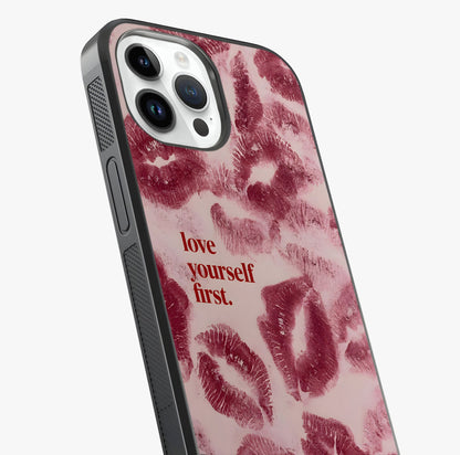 Crimson Kiss Love Glass Case captured at a warm angle highlighting gloss, texture and premium glass finish.