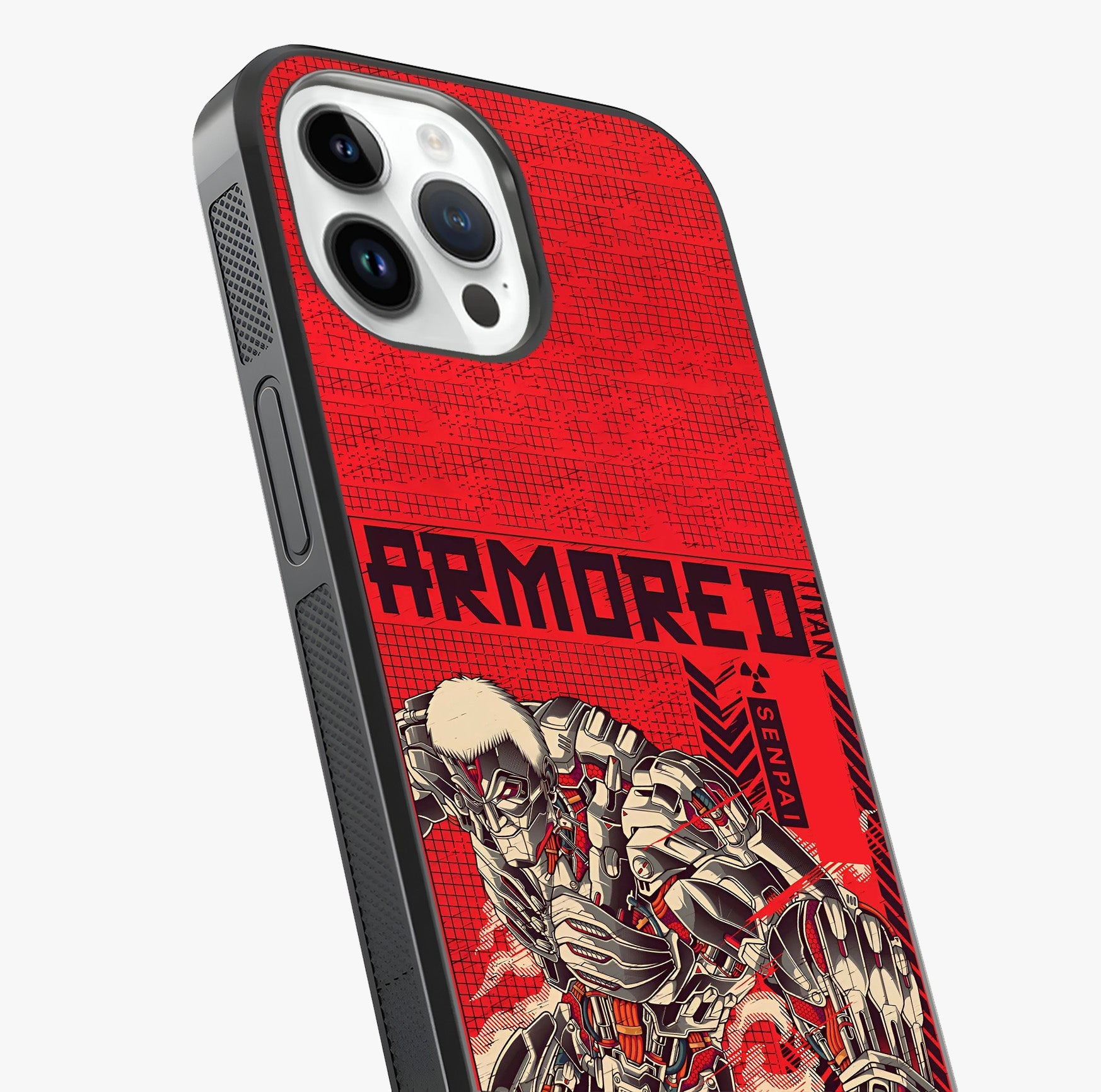 Crimson Mecha Titan Glass Case captured at a warm angle highlighting gloss, texture and premium glass finish.