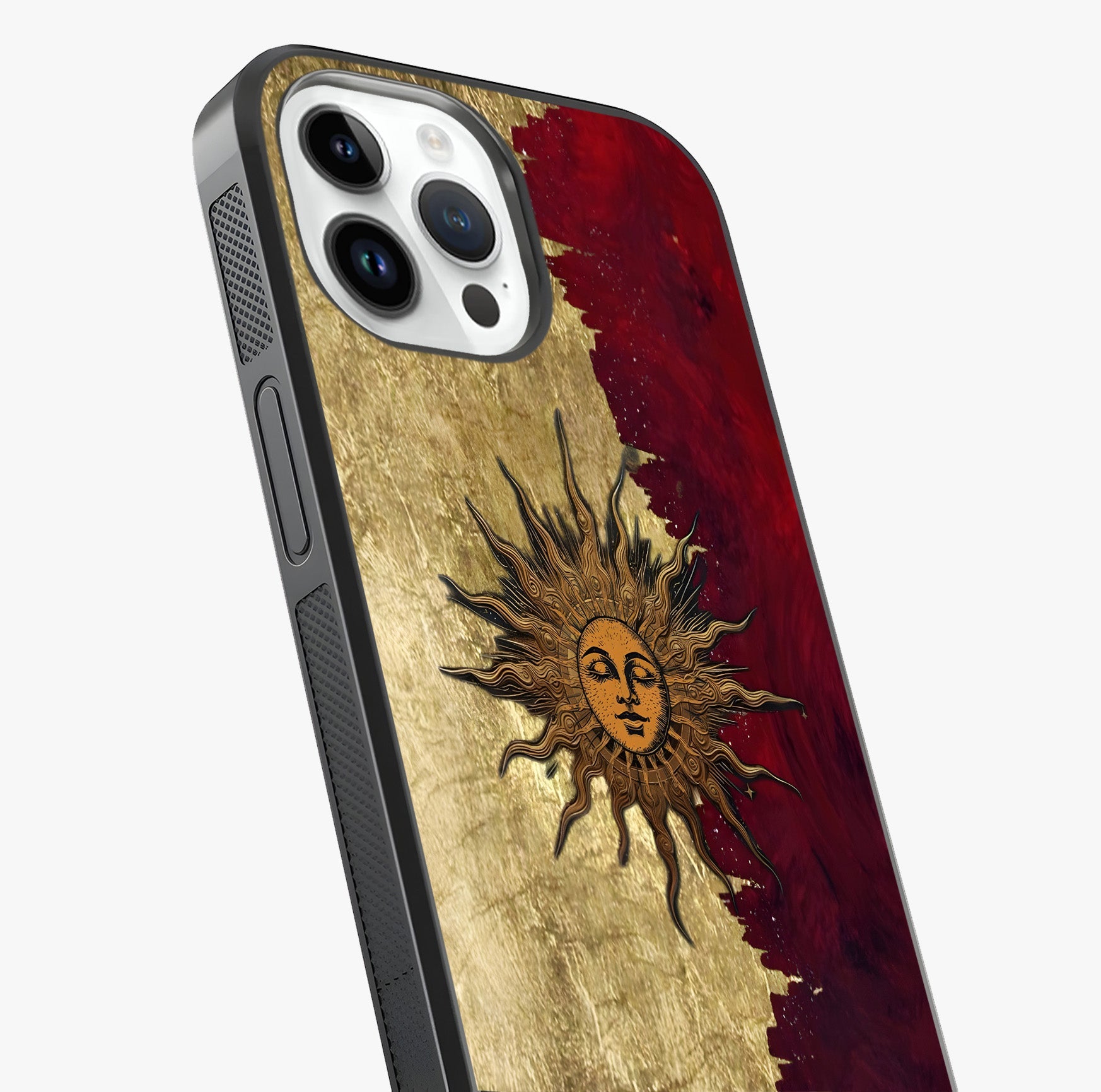 Crimson Sun Majesty Glass Case captured at a warm angle highlighting gloss, texture and premium glass finish.