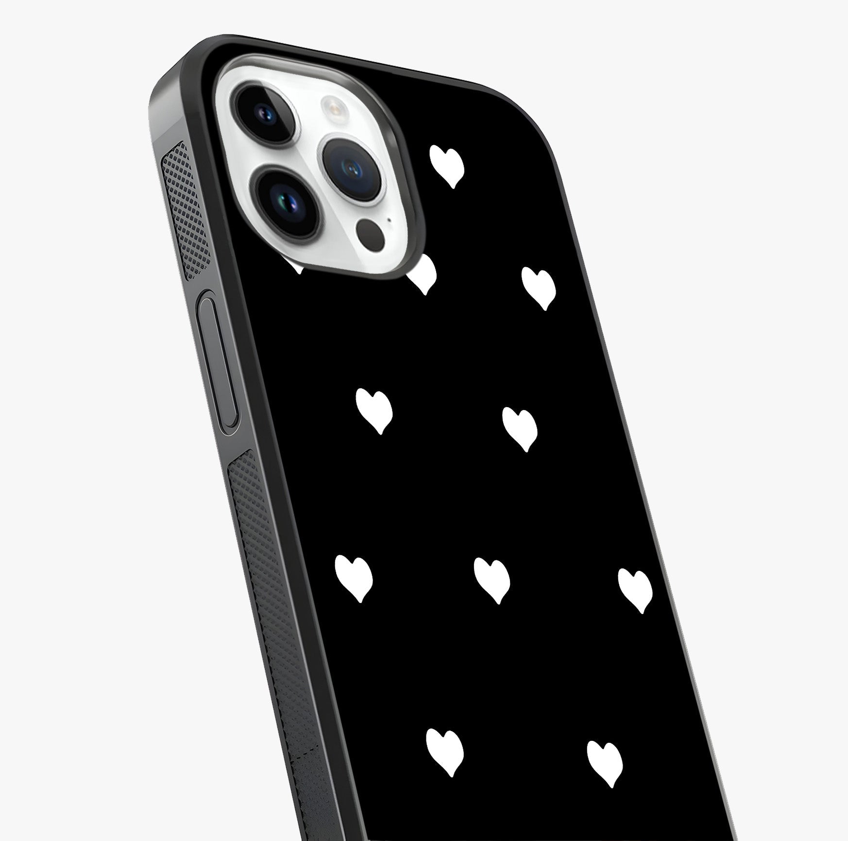 Cute And Simple White Hearts Glass Case captured at a warm angle highlighting gloss, texture and premium glass finish.