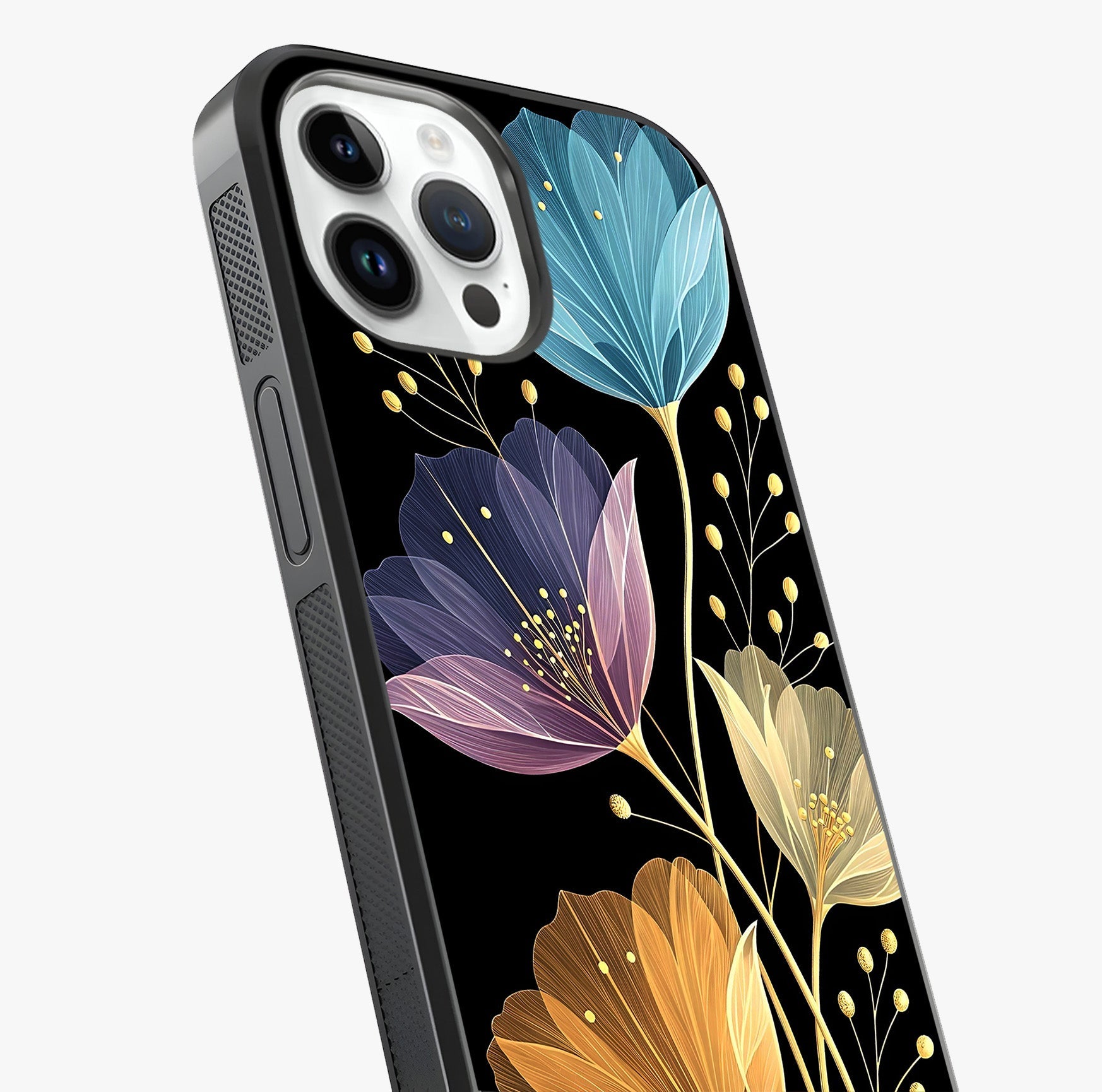 Delicate Multicolor Flowers Glass Case captured at a warm angle highlighting gloss, texture and premium glass finish.