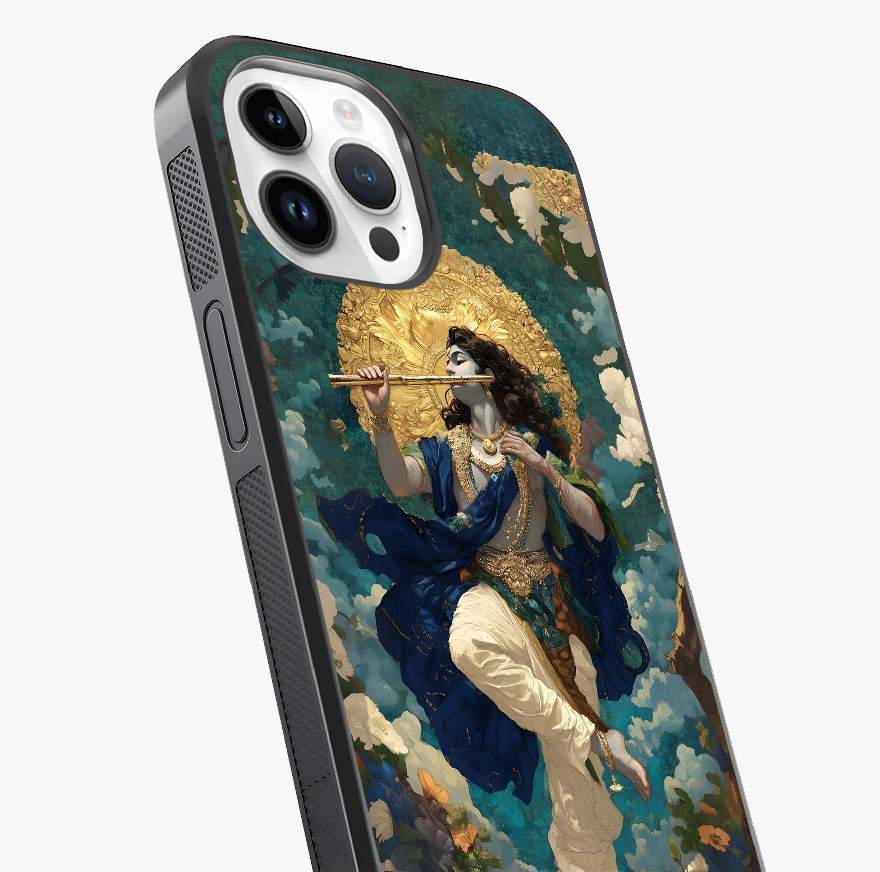 Divine Krishna Art Glass Case captured at a warm angle highlighting gloss, texture and premium glass finish.
