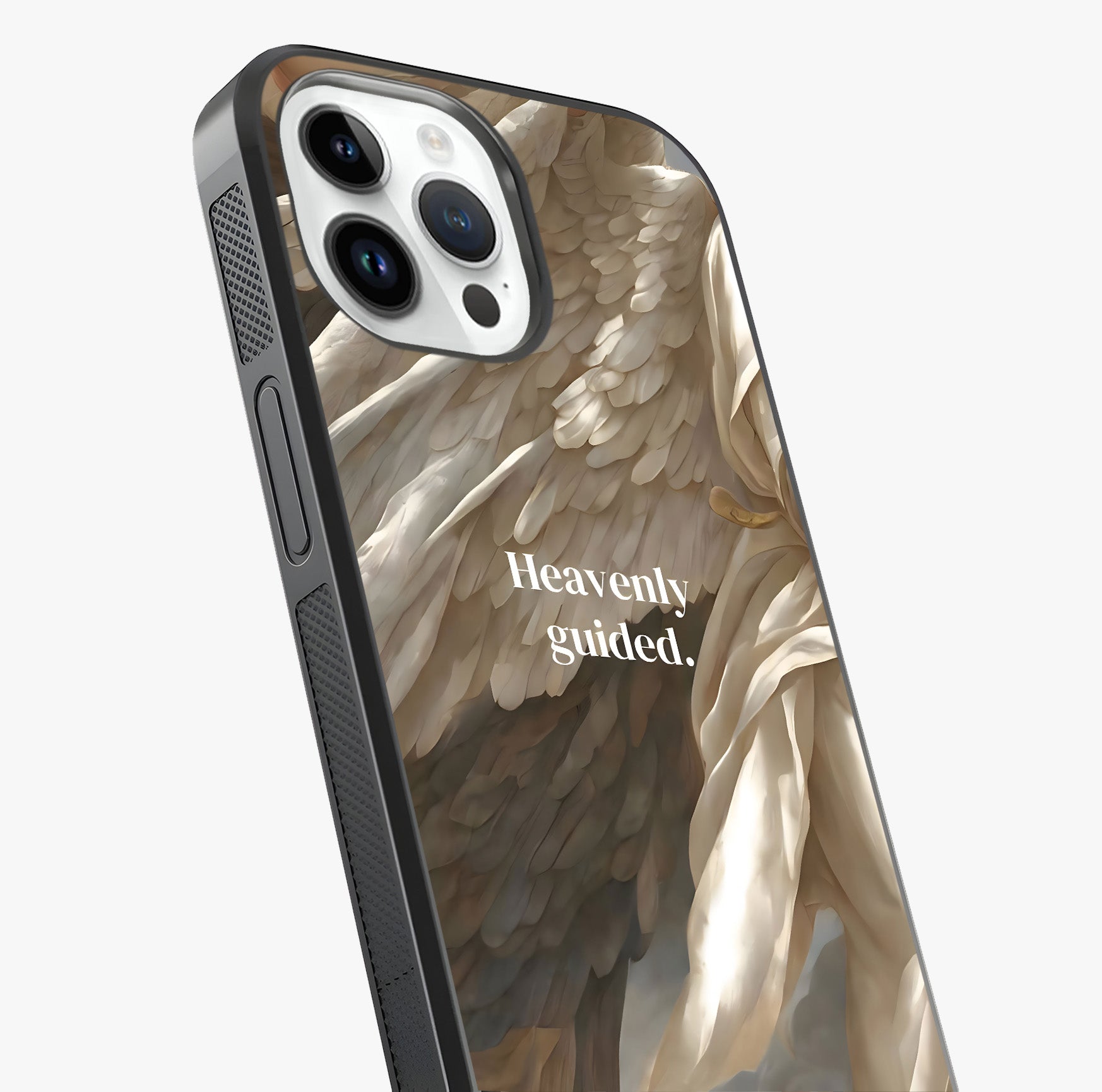 Divine Winged Grace Glass Case captured at a warm angle highlighting gloss, texture and premium glass finish.