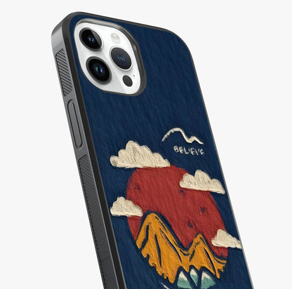 Dream Beyond Mountains Glass Case captured at a warm angle highlighting gloss, texture and premium glass finish.