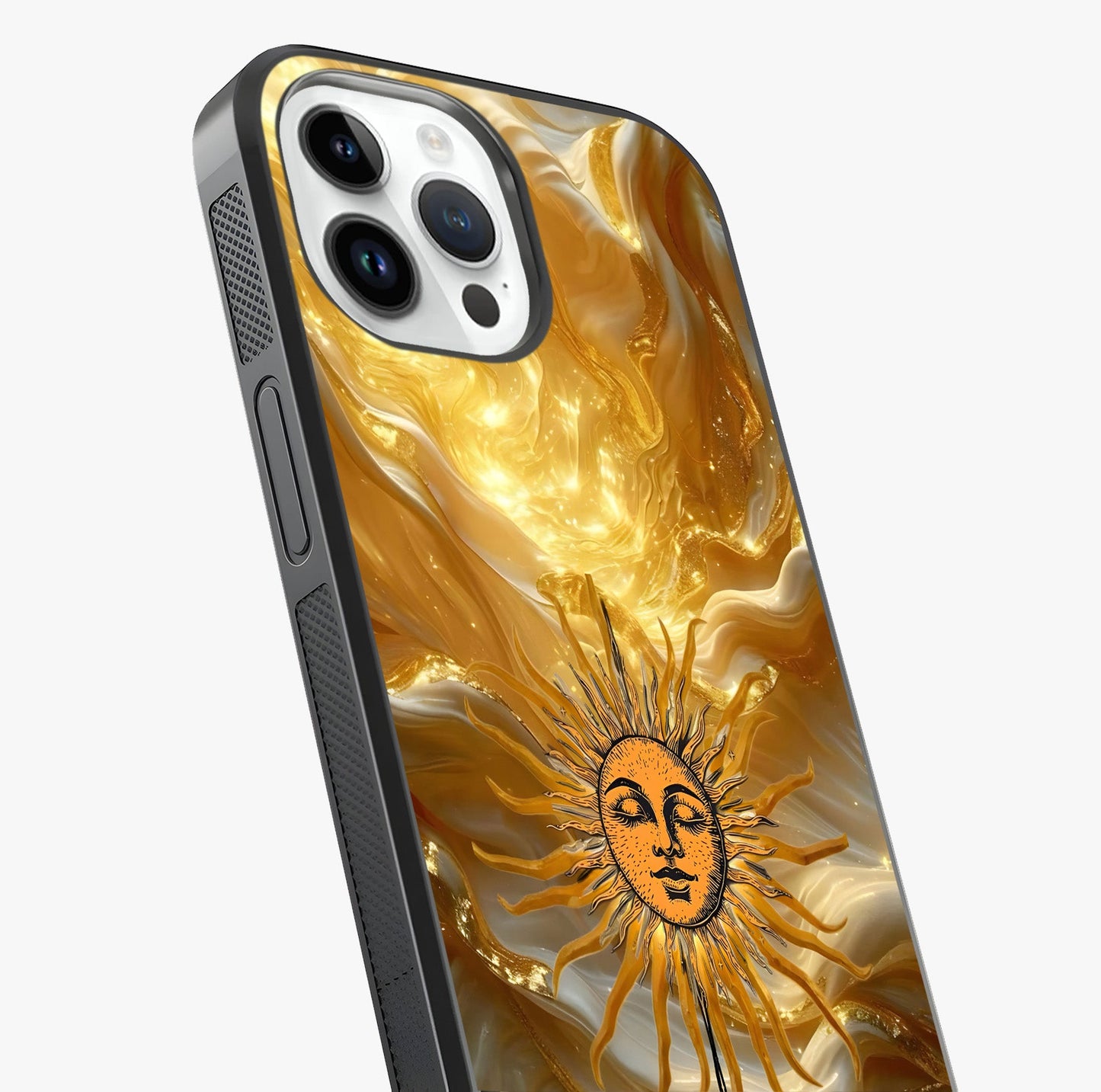 Eternal Golden Glow Glass Case captured at a warm angle highlighting gloss, texture and premium glass finish.