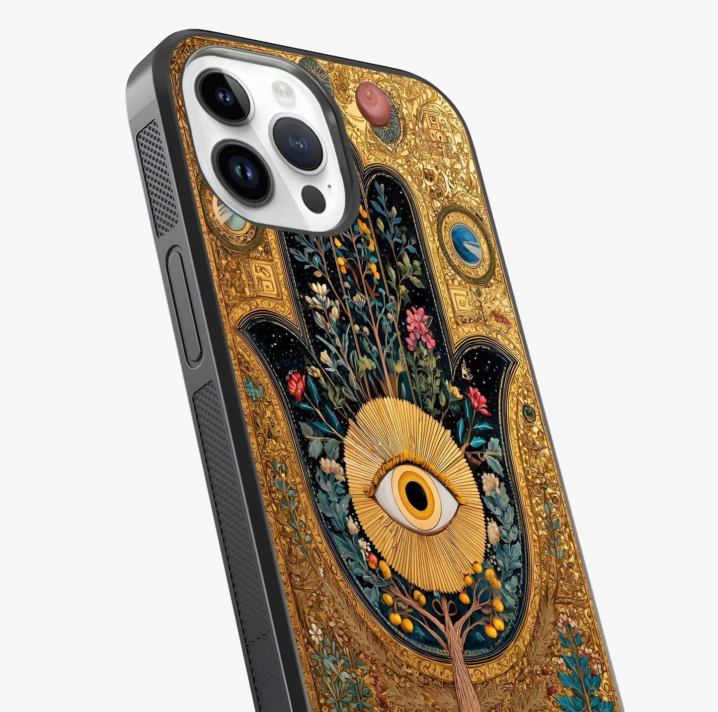Ethereal Evil Eye Glass Case captured at a warm angle highlighting gloss, texture and premium glass finish.