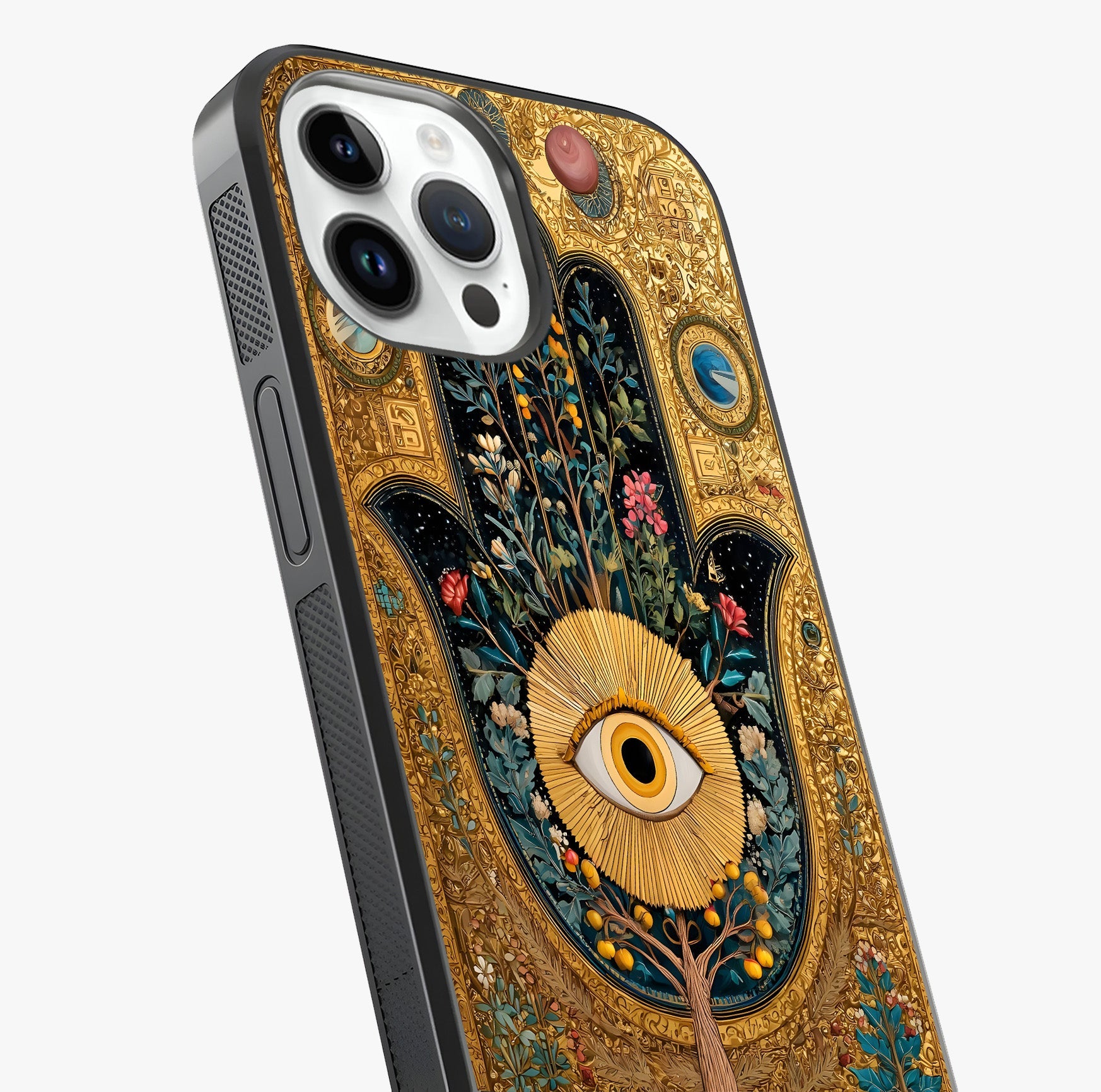 Ethereal Evil Eye Glass Case captured at a warm angle highlighting gloss, texture and premium glass finish.