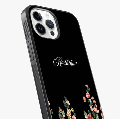 Floral Design With A Custom Personalized Name Glass Case captured at a warm angle highlighting gloss, texture and premium glass finish.