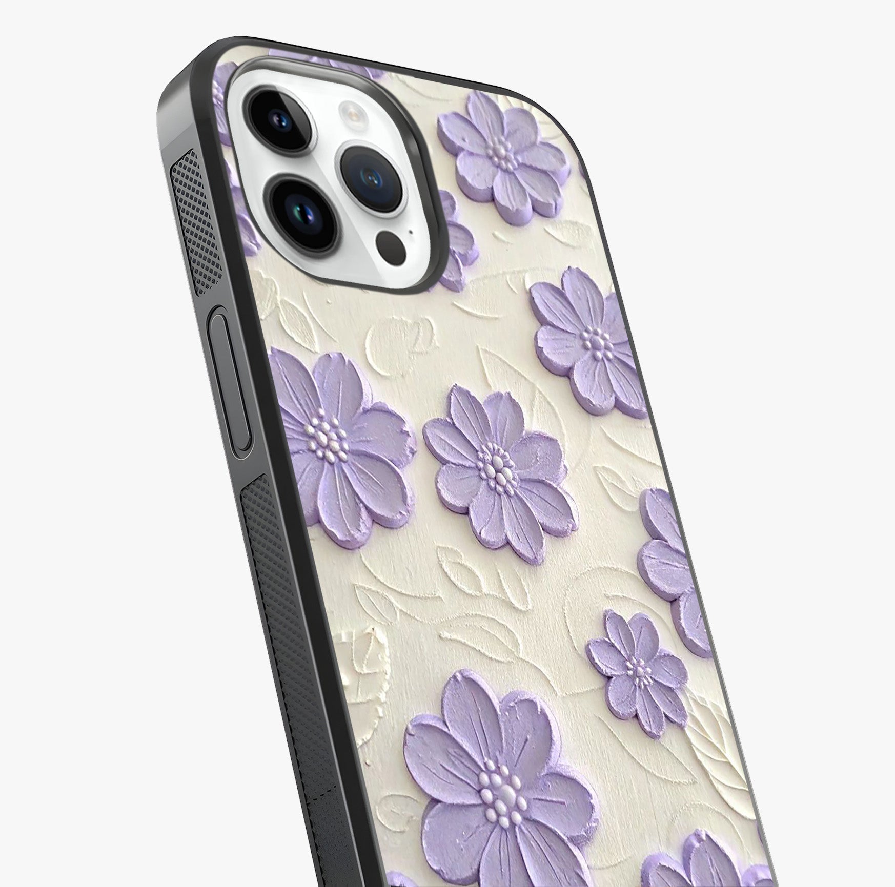 Floral Wall Art With Purple Flowers Glass Case captured at a warm angle highlighting gloss, texture and premium glass finish.