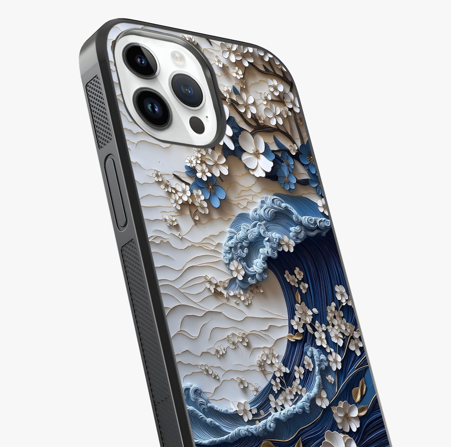 Floral Wave Origami Glass Case captured at a warm angle highlighting gloss, texture and premium glass finish.