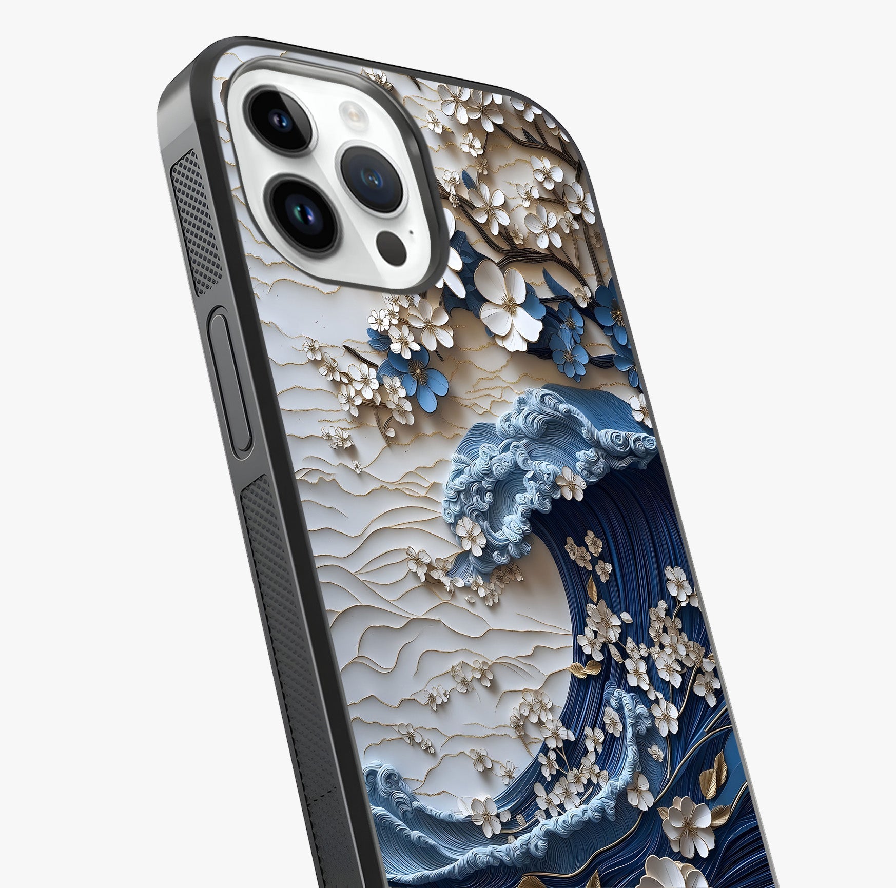 Floral Wave Origami Glass Case captured at a warm angle highlighting gloss, texture and premium glass finish.