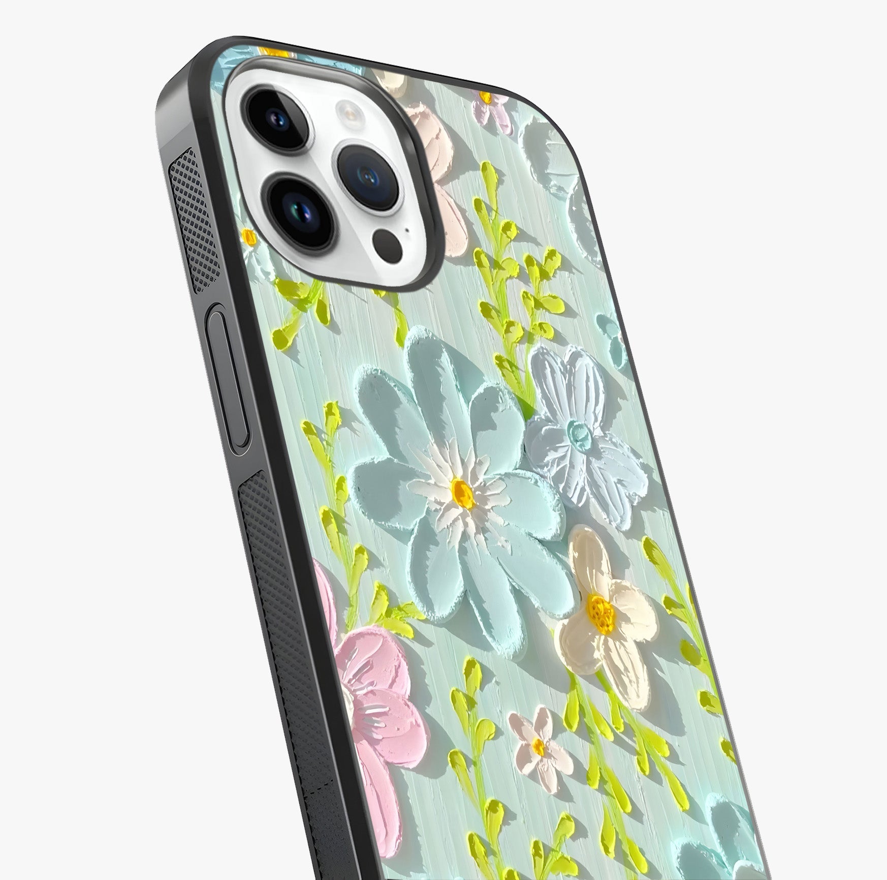 Frosted Petal Garden Glass Case captured at a warm angle highlighting gloss, texture and premium glass finish.