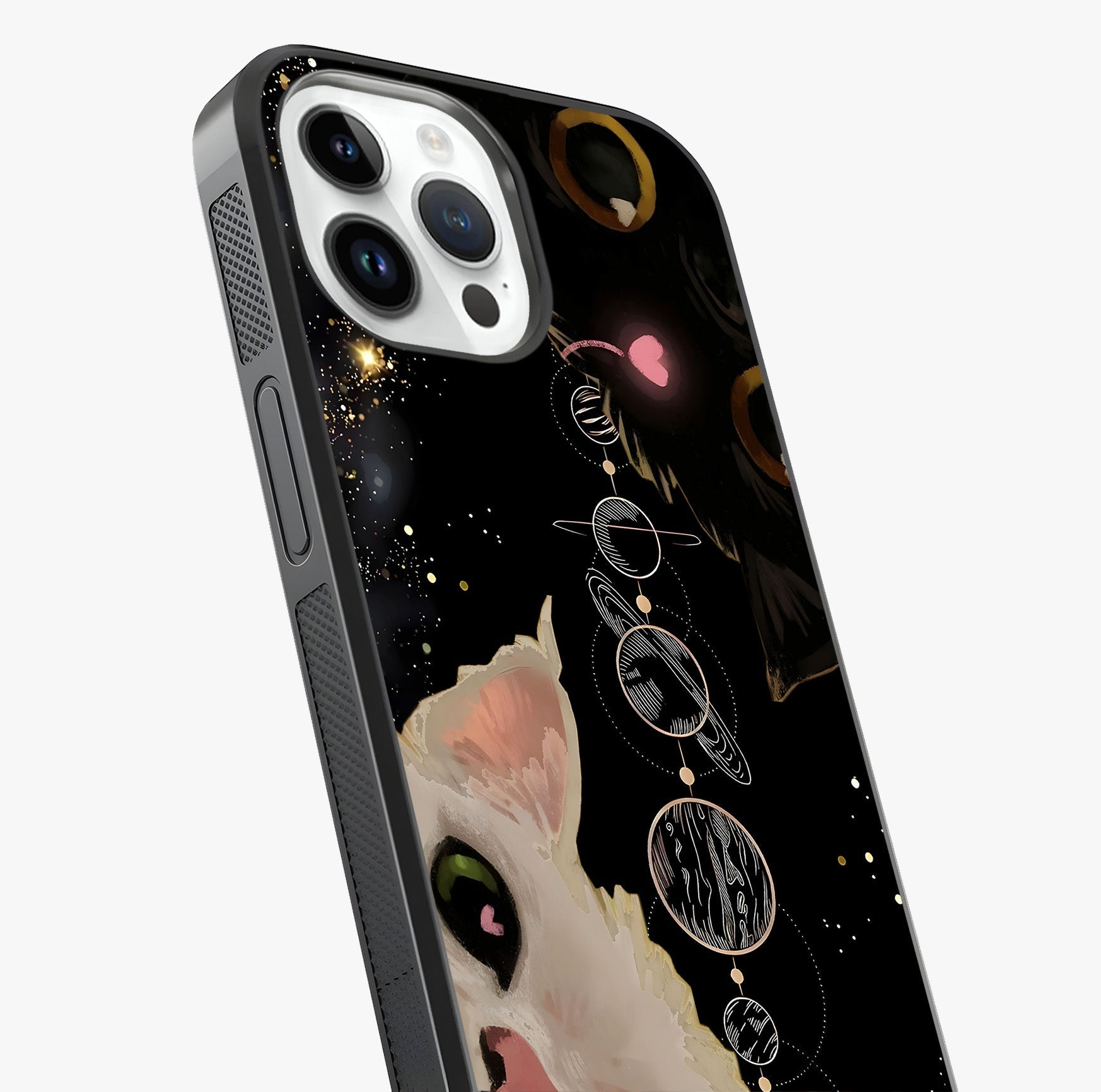 Galactic Cat Glass Case captured at a warm angle highlighting gloss, texture and premium glass finish.