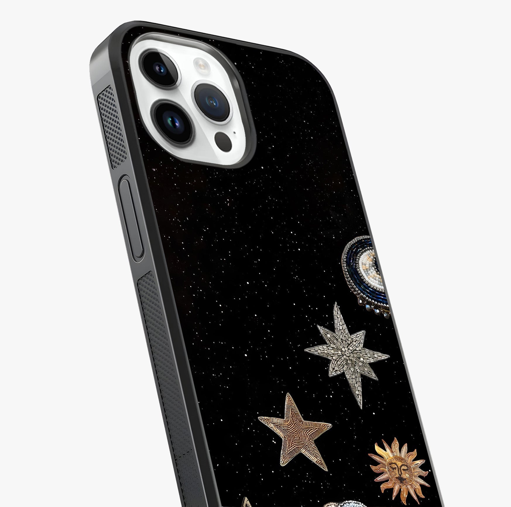 Galactic Charm Glow Glass Case captured at a warm angle highlighting gloss, texture and premium glass finish.
