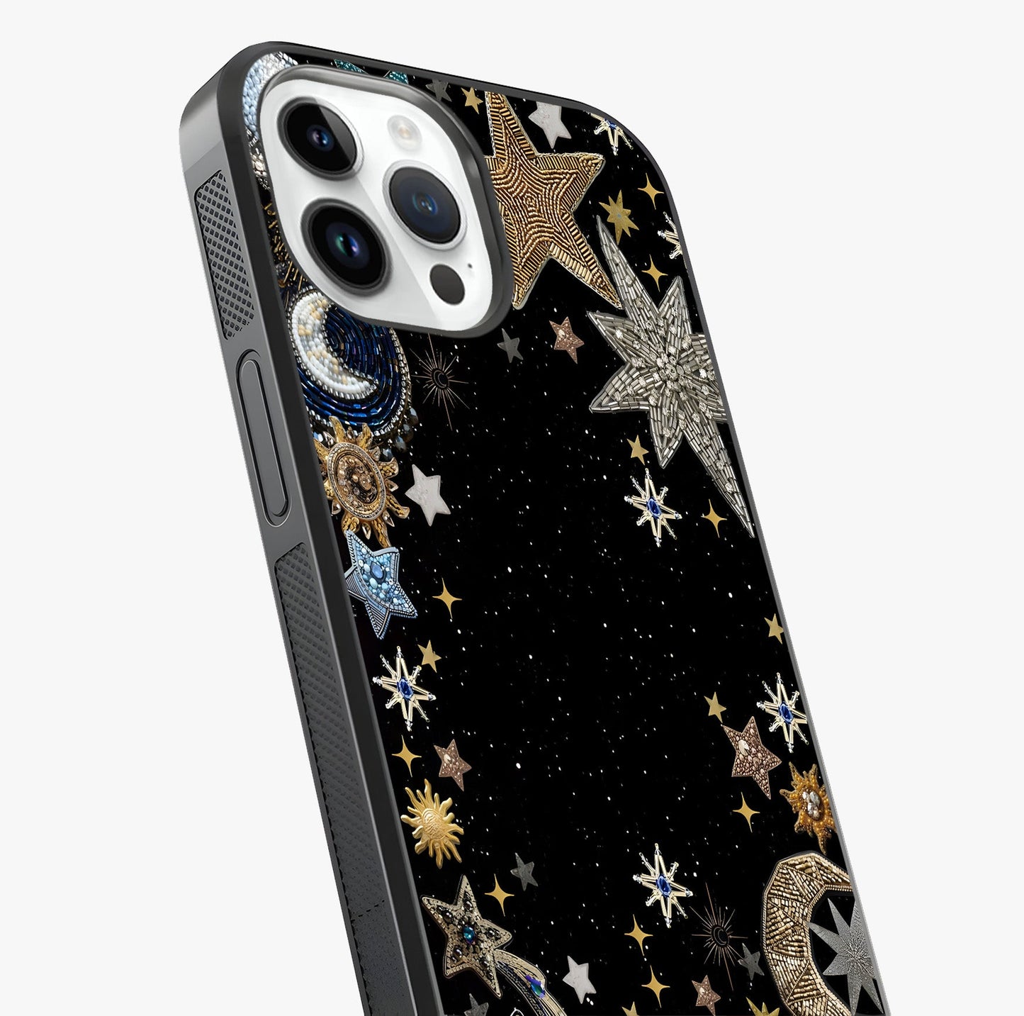 Galactic Jewel Stars Glass Case captured at a warm angle highlighting gloss, texture and premium glass finish.