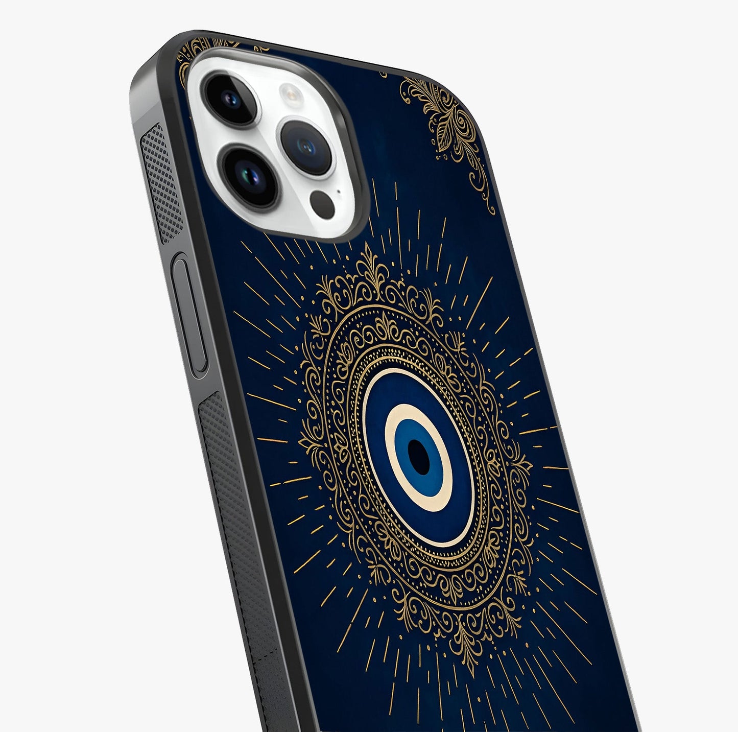 Golden Evil Eye Mandala Glass Case captured at a warm angle highlighting gloss, texture and premium glass finish.