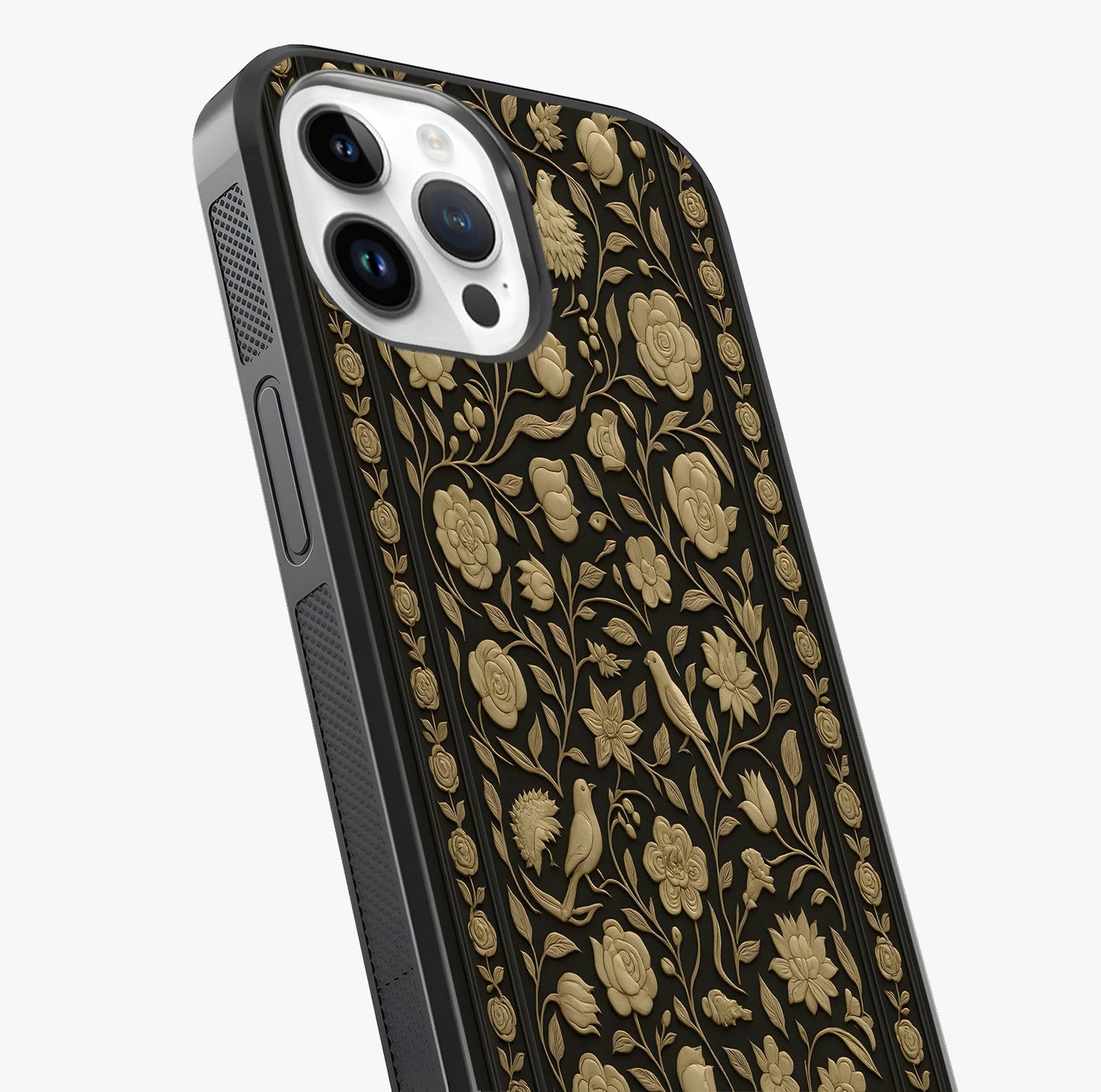 Golden Floral Majesty Glass Case captured at a warm angle highlighting gloss, texture and premium glass finish.