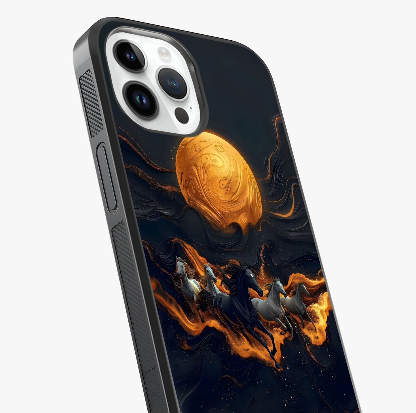 Golden Stallion Moonride Glass Case captured at a warm angle highlighting gloss, texture and premium glass finish.