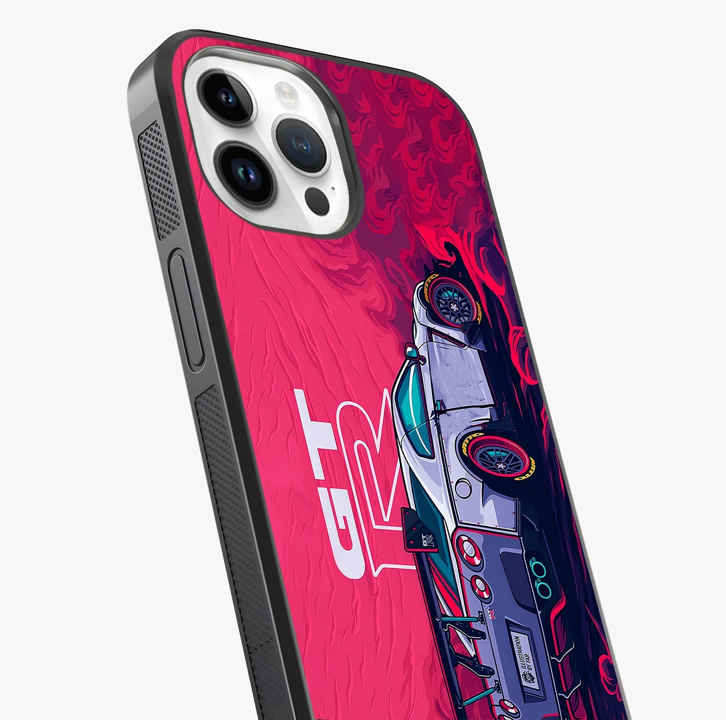 GT R Car Pattern Glass Case captured at a warm angle highlighting gloss, texture and premium glass finish.