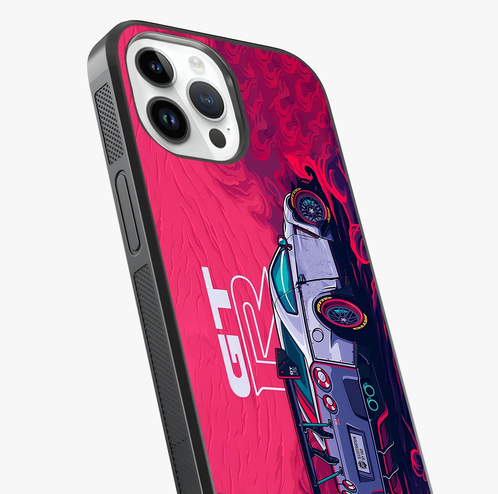 GT R Car Pattern Glass Case captured at a warm angle highlighting gloss, texture and premium glass finish.