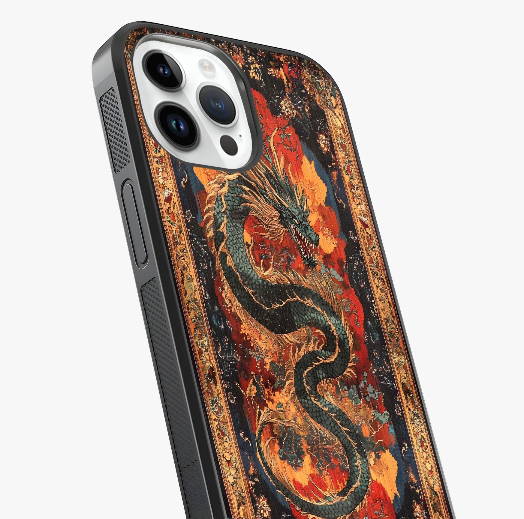 Inferno Dragon Soul Glass Case captured at a warm angle highlighting gloss, texture and premium glass finish.