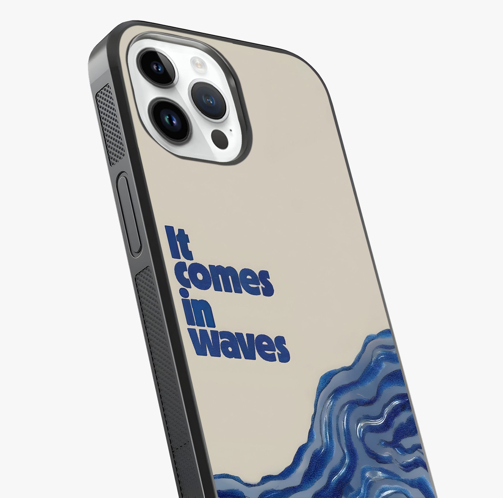 It Comes In Waves Quote Glass Case captured at a warm angle highlighting gloss, texture and premium glass finish.
