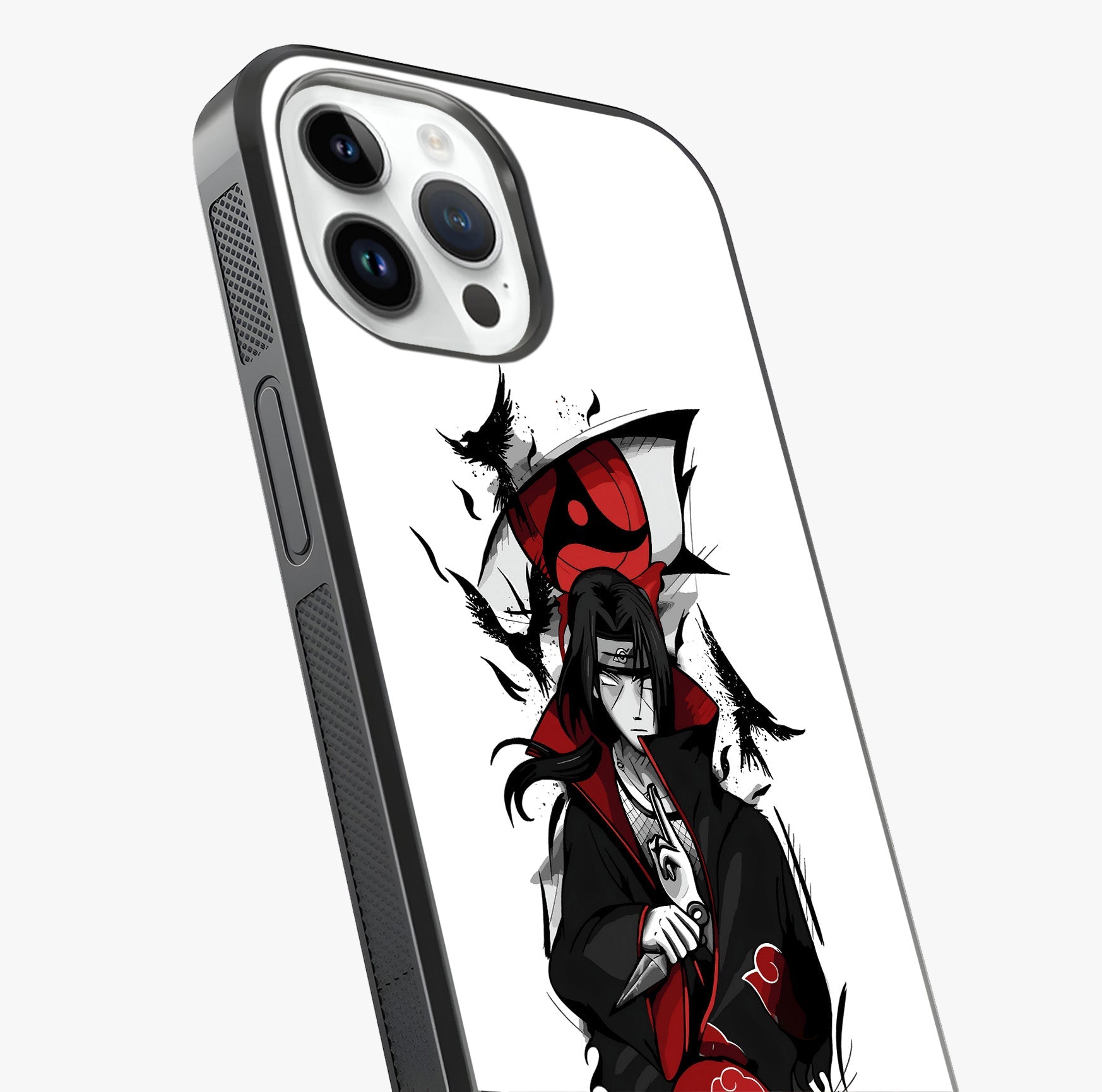 Itachi Sharingan Glass Case captured at a warm angle highlighting gloss, texture and premium glass finish.
