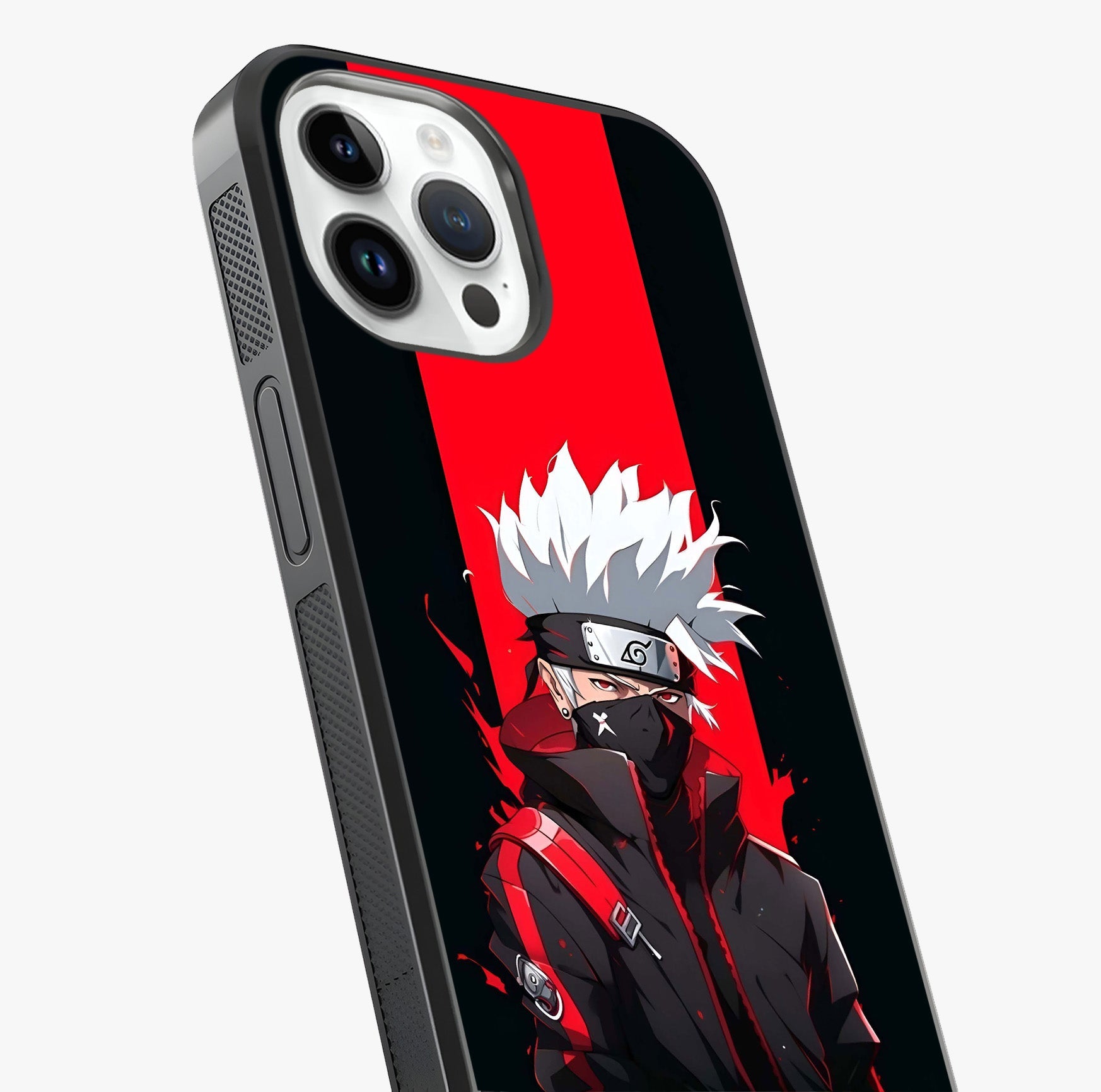 Kakashi Scarlet Shadow Glass Case captured at a warm angle highlighting gloss, texture and premium glass finish.
