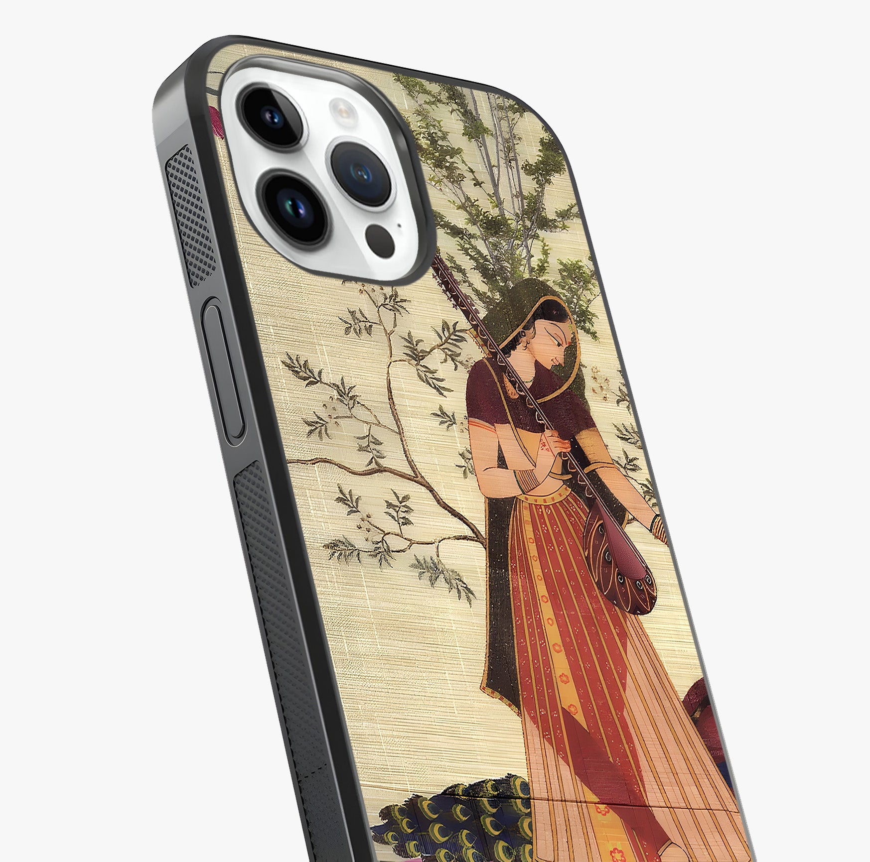 Lady With Veena Art Glass Case captured at a warm angle highlighting gloss, texture and premium glass finish.