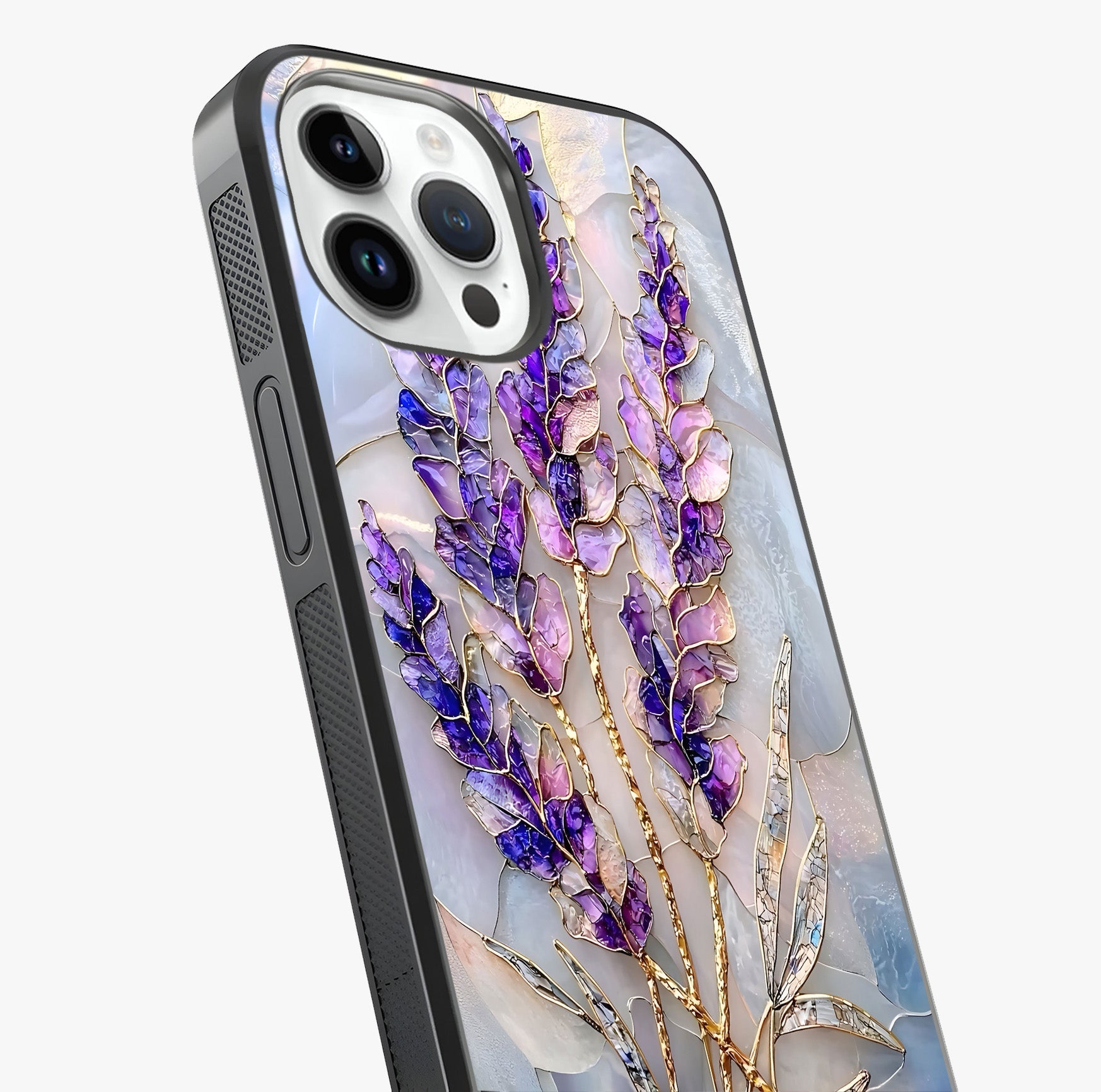Lavender Dream Glow Glass Case captured at a warm angle highlighting gloss, texture and premium glass finish.