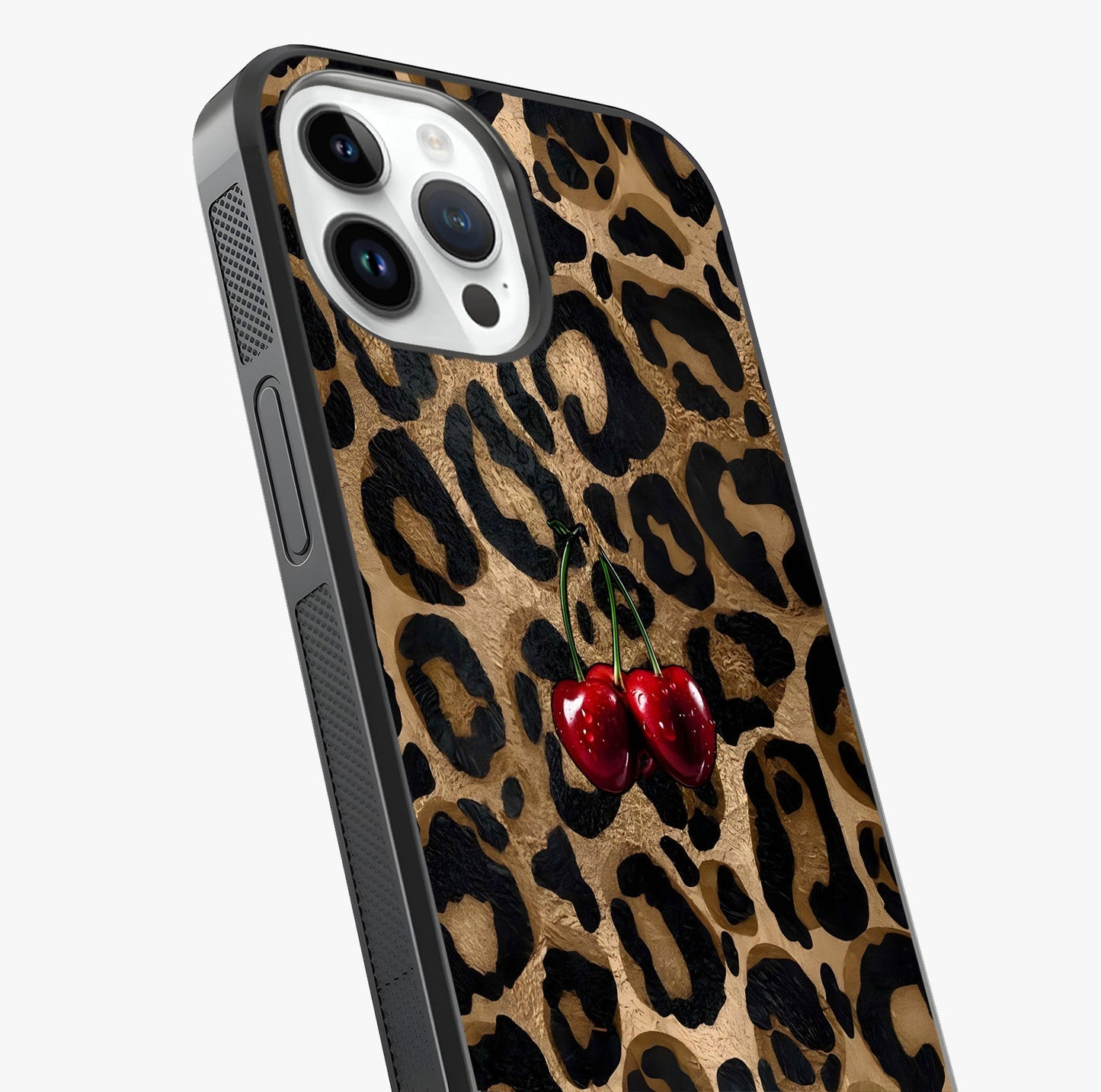 Leopard Wild Cherry Glass Case captured at a warm angle highlighting gloss, texture and premium glass finish.