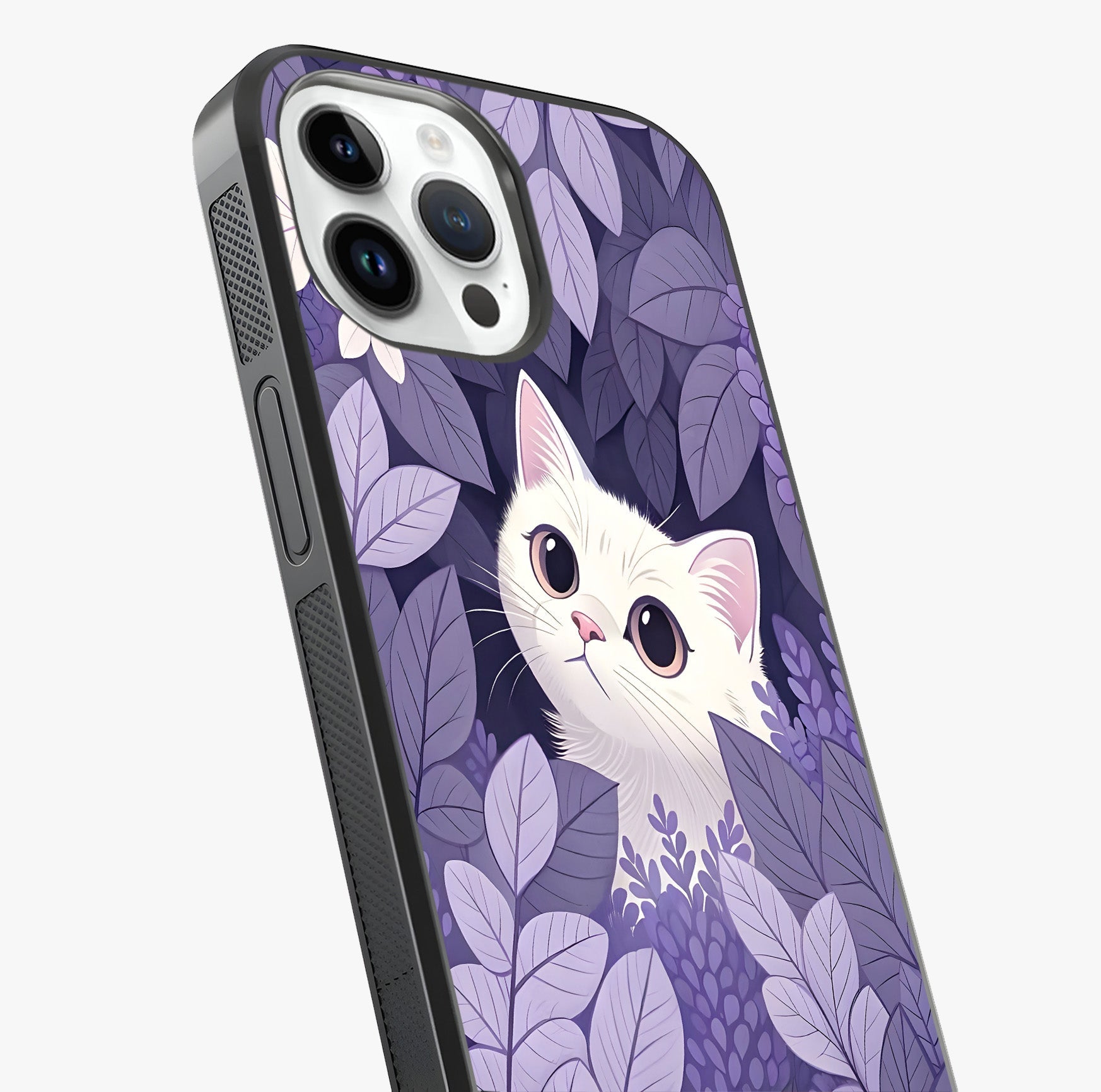 Lilac Hide Peek Cat Glass Case captured at a warm angle highlighting gloss, texture and premium glass finish.