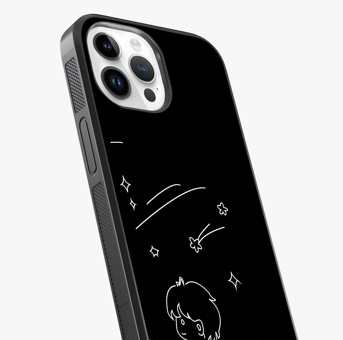 Line Art Boy With Shooting Stars Glass Case captured at a warm angle highlighting gloss, texture and premium glass finish.