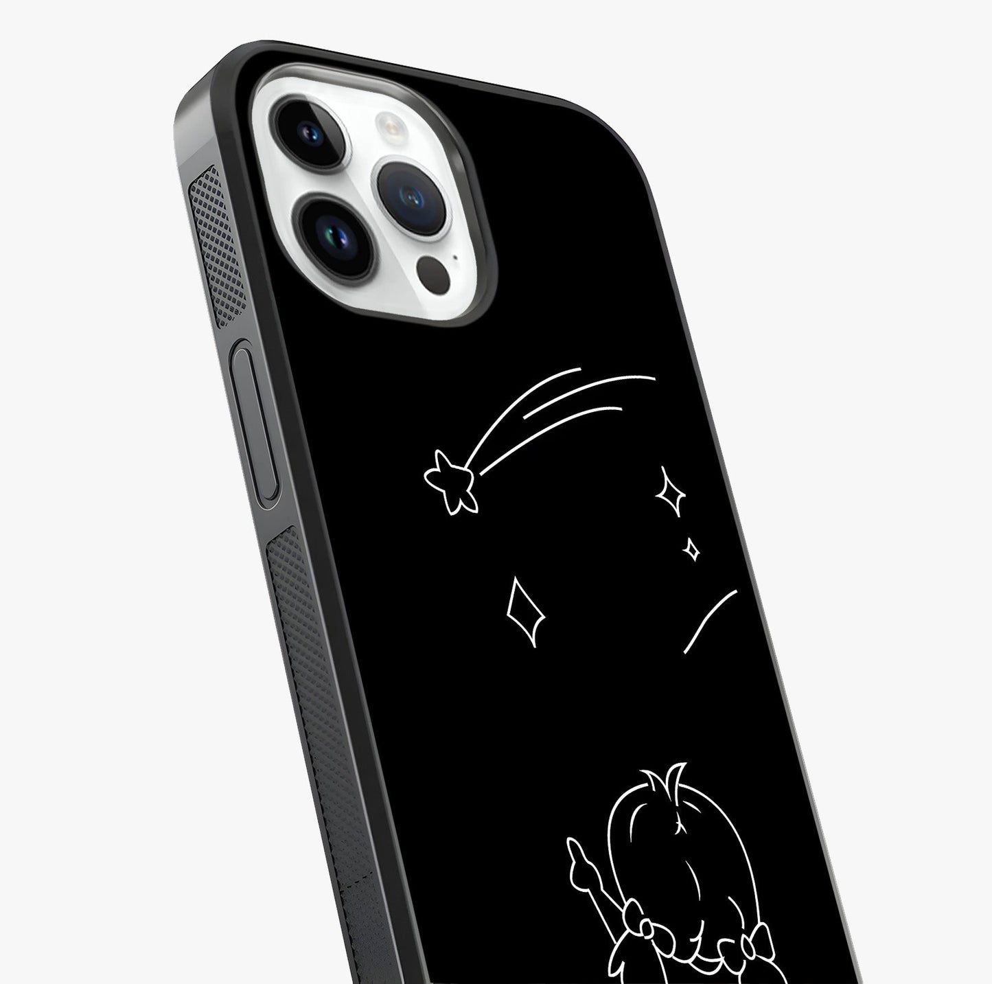 Line Art Girl With Shooting Stars Glass Case captured at a warm angle highlighting gloss, texture and premium glass finish.
