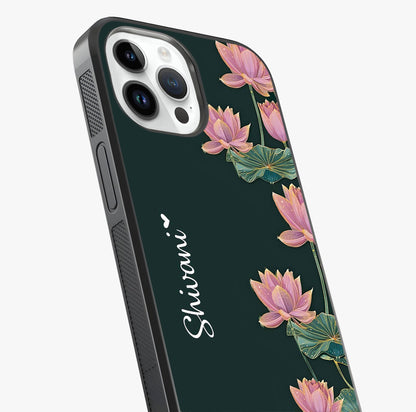 Lotus Bloom Serenity Custom Name Glass Case captured at a warm angle highlighting gloss, texture and premium glass finish.