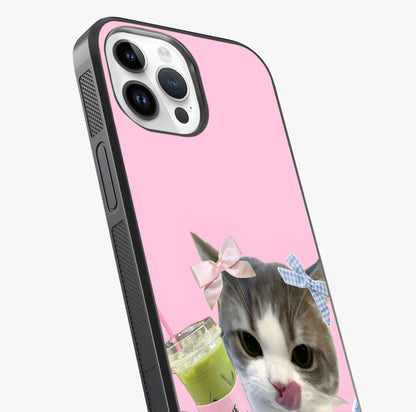 Love Matcha Cat Glass Case captured at a warm angle highlighting gloss, texture and premium glass finish.