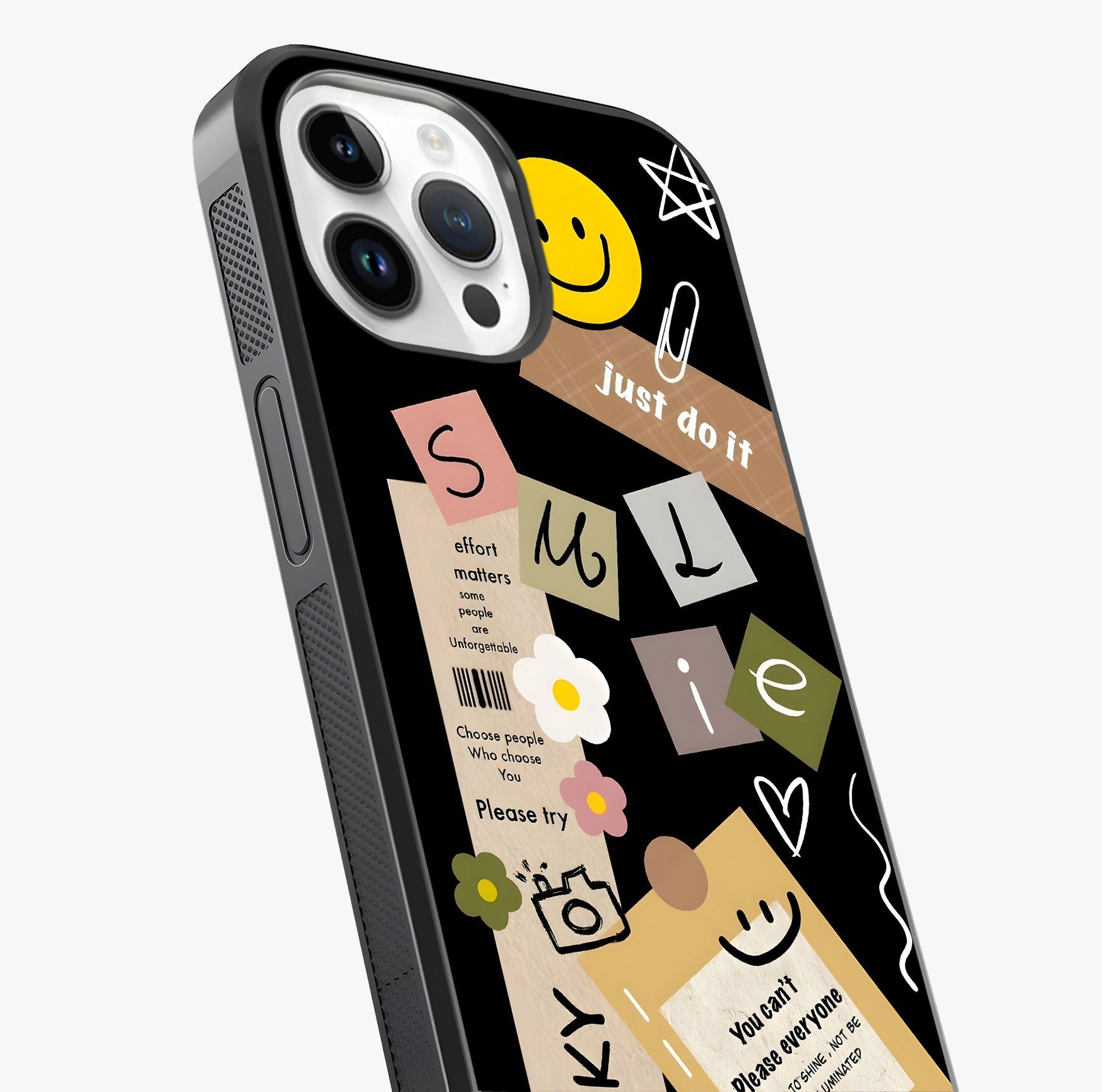Lucky Aesthetic Collage Glass Case captured at a warm angle highlighting gloss, texture and premium glass finish.