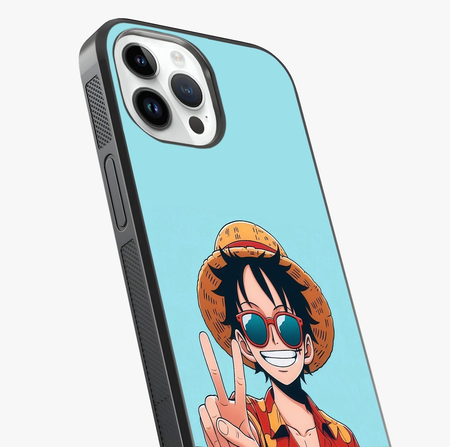 Luffy Summer Anime Vibe Glass Case captured at a warm angle highlighting gloss, texture and premium glass finish.