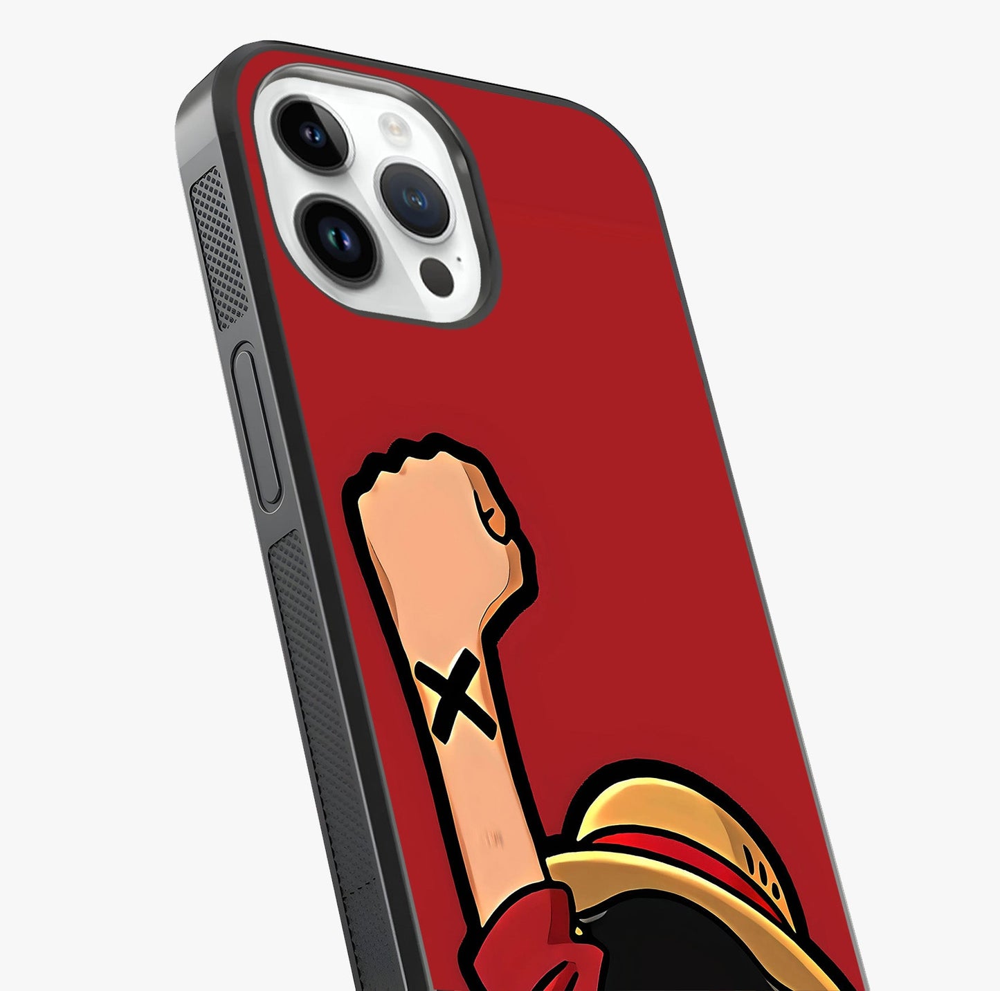 Luffy X Spirit Glass Case captured at a warm angle highlighting gloss, texture and premium glass finish.