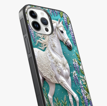 Majestic Floral Stallion Glass Case captured at a warm angle highlighting gloss, texture and premium glass finish.