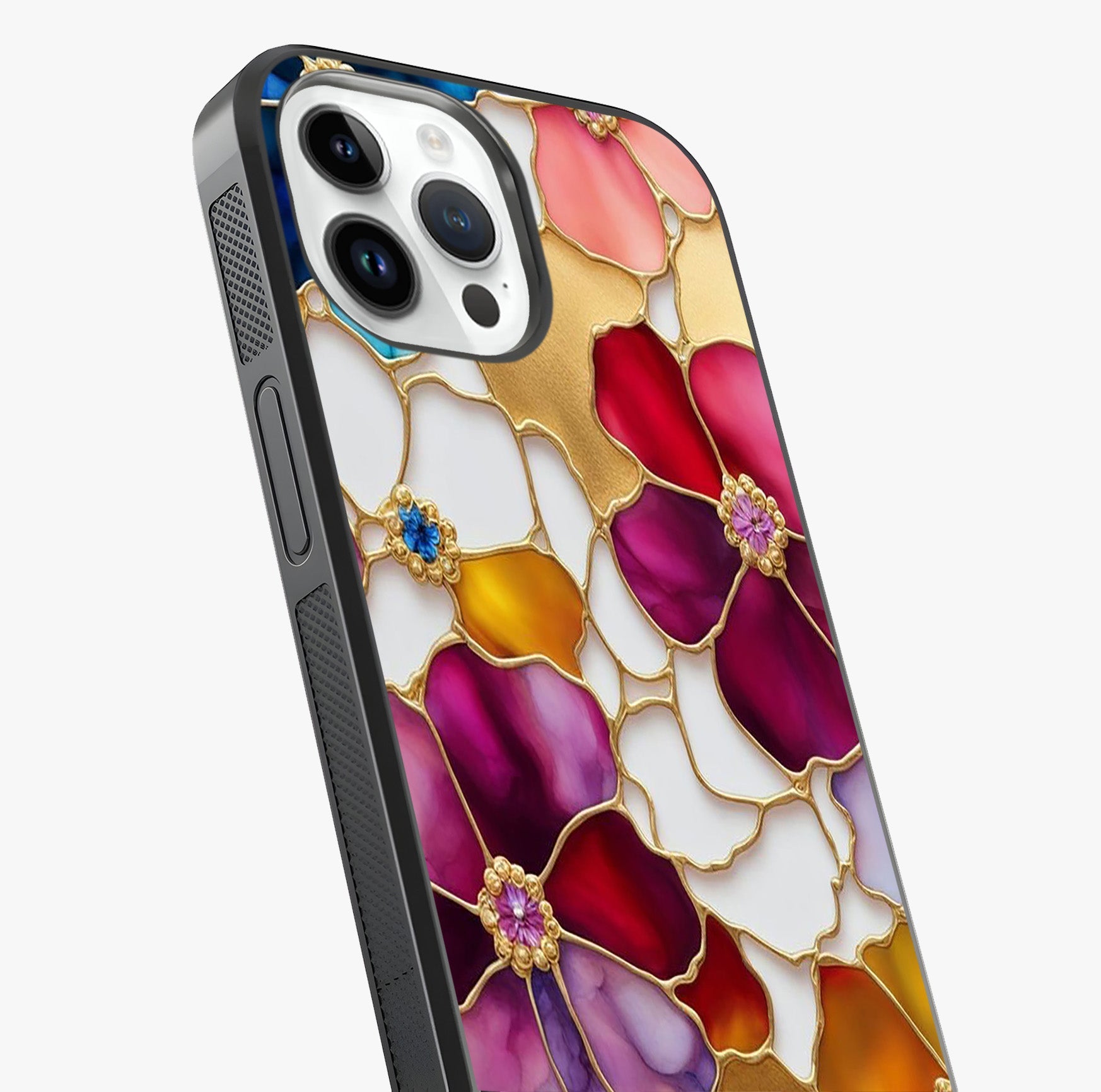 Marble Flower Pattern Glass Case captured at a warm angle highlighting gloss, texture and premium glass finish.