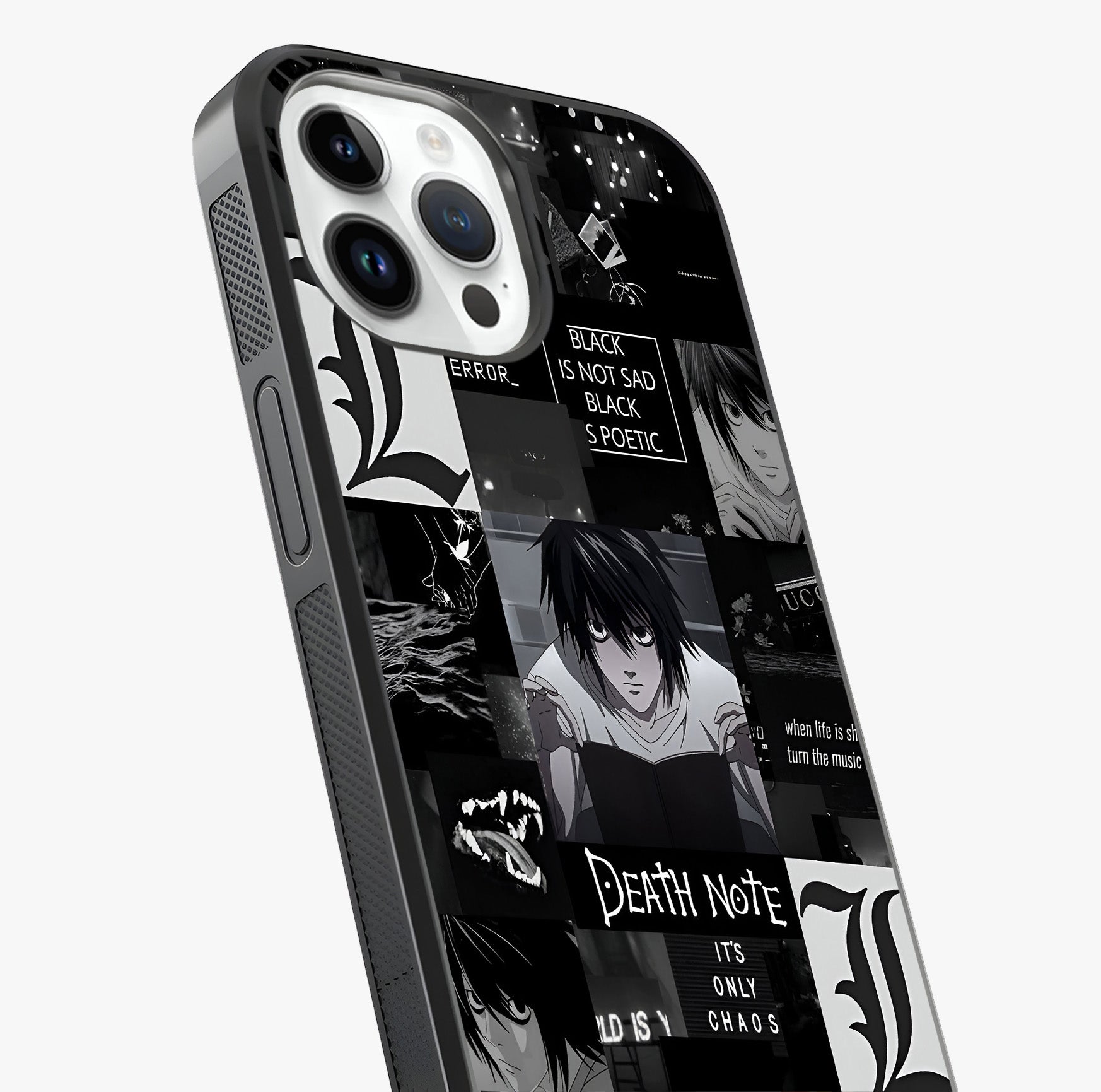 Midnight Chaos Mind Glass Case captured at a warm angle highlighting gloss, texture and premium glass finish.