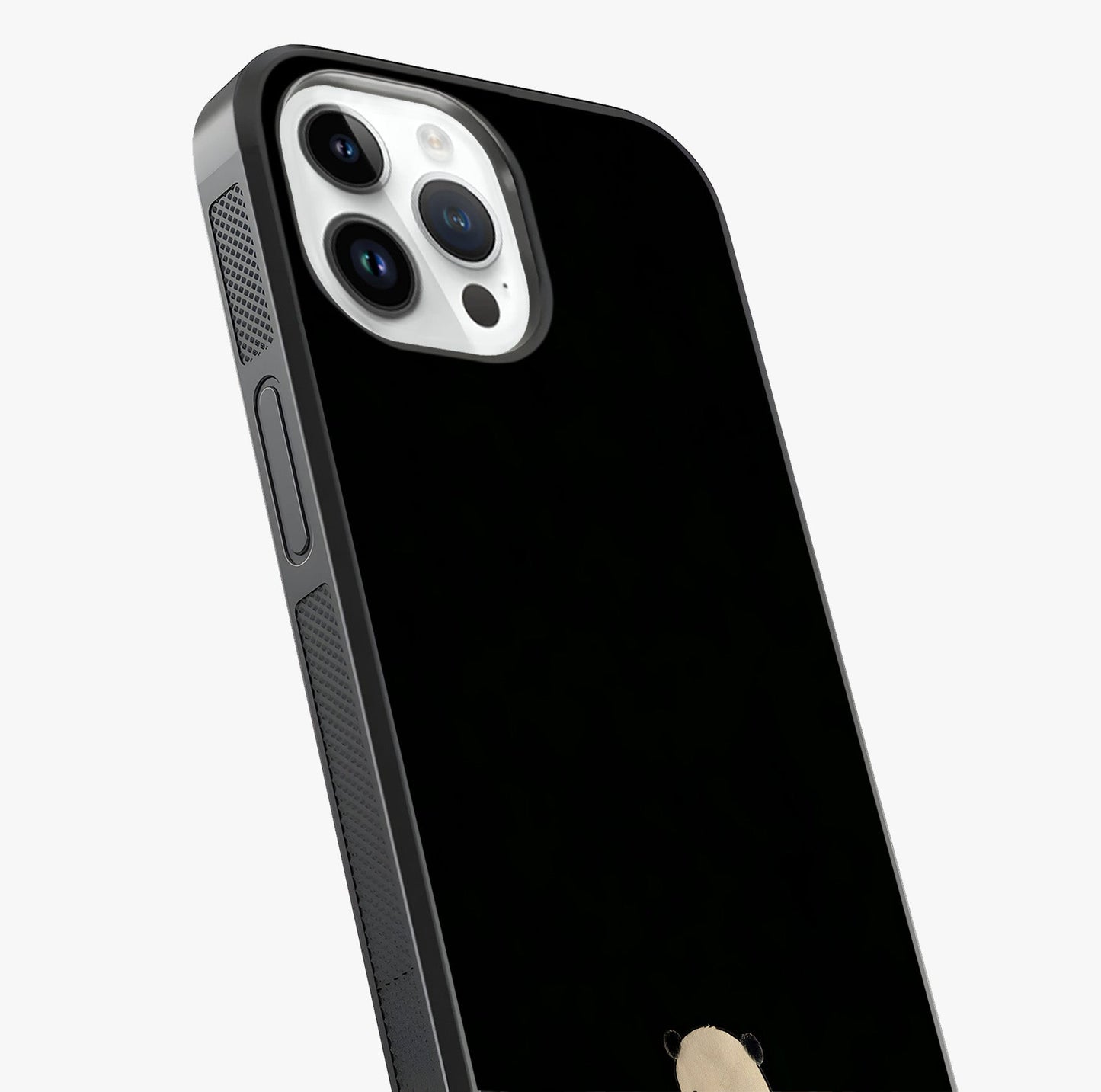 Midnight Panda Love Glass Case captured at a warm angle highlighting gloss, texture and premium glass finish.